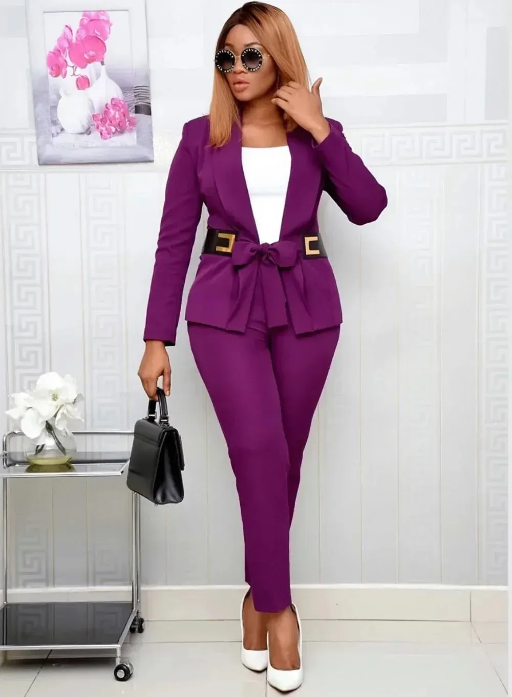 2 Piece Set Fashion Suit, Top And Trousers Super Elastic Party Plus Size For Lady