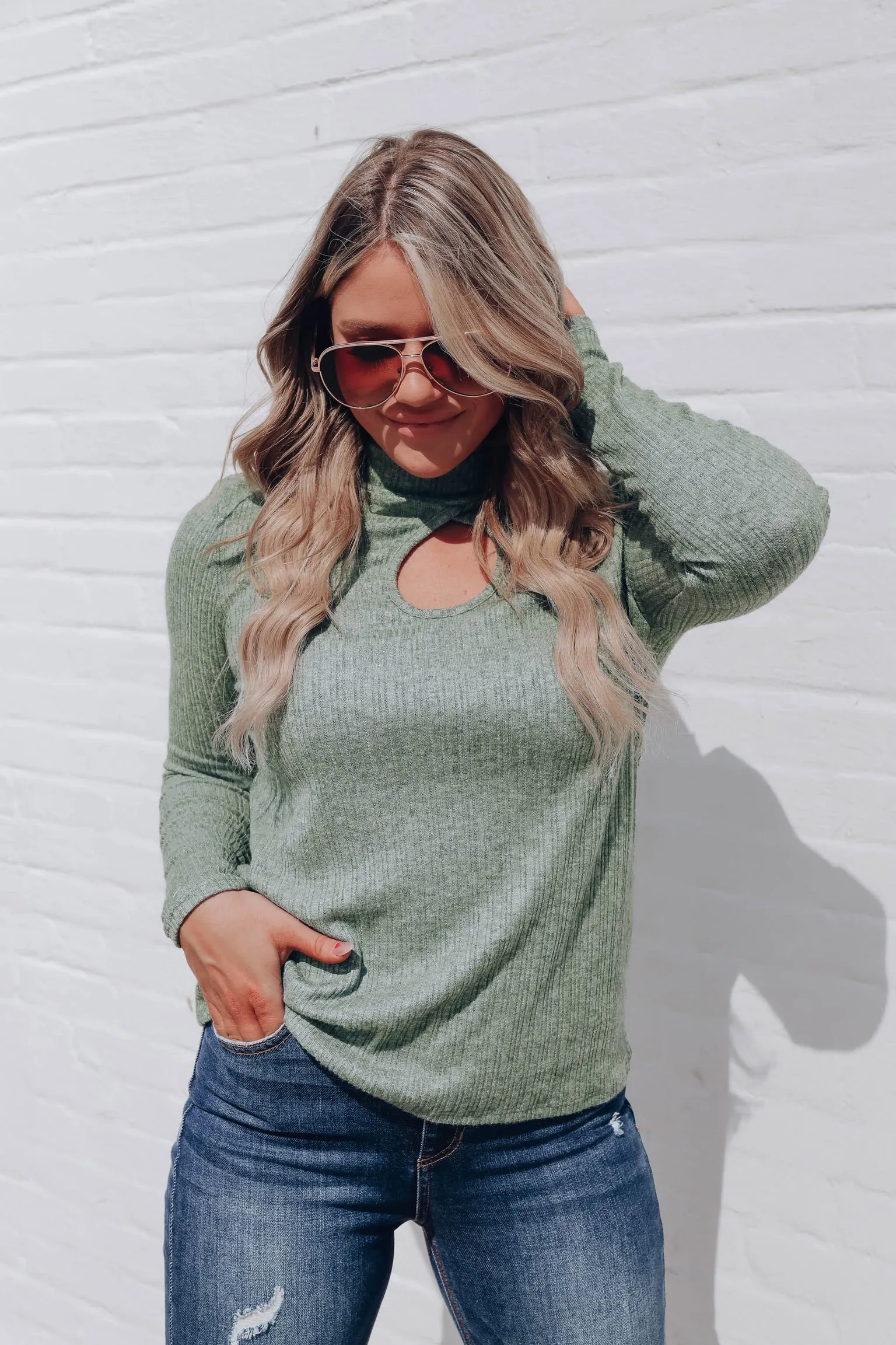 Andee Keyhole Mock Neck Top - Heather Green