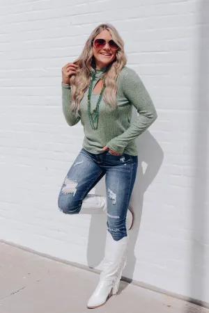 Andee Keyhole Mock Neck Top - Heather Green