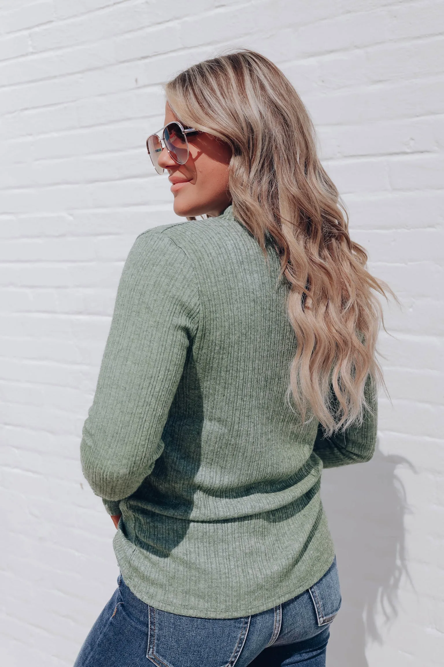 Andee Keyhole Mock Neck Top - Heather Green