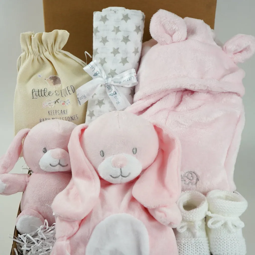 Baby Girl Gift Box Hamper, Pink Bunny Comforter & Teether, Pink Bunny Soft Eco Friendly Toy, Baby Booties
