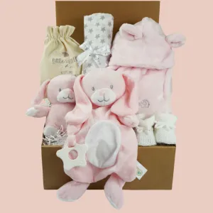 Baby Girl Gift Box Hamper, Pink Bunny Comforter & Teether, Pink Bunny Soft Eco Friendly Toy, Baby Booties