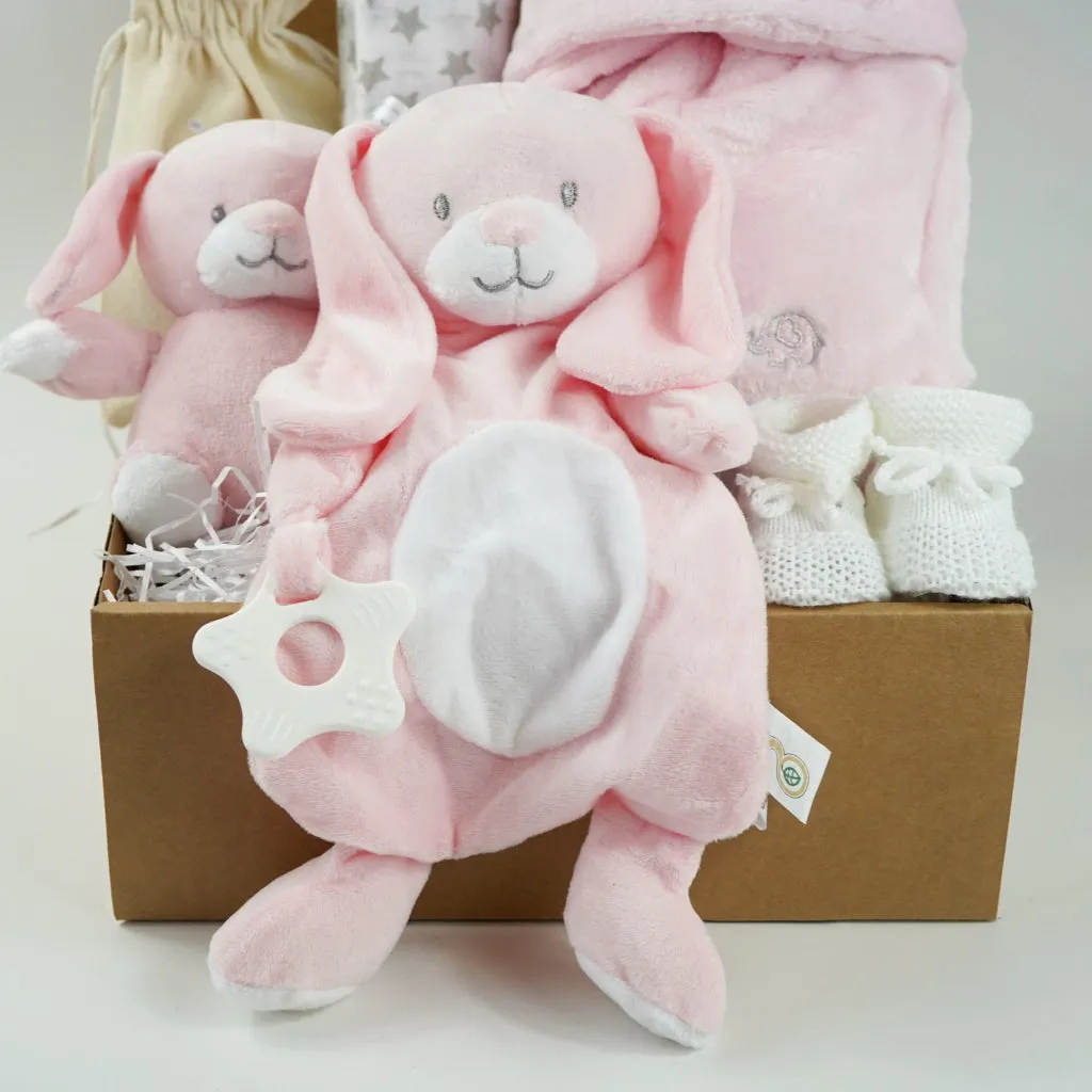 Baby Girl Gift Box Hamper, Pink Bunny Comforter & Teether, Pink Bunny Soft Eco Friendly Toy, Baby Booties