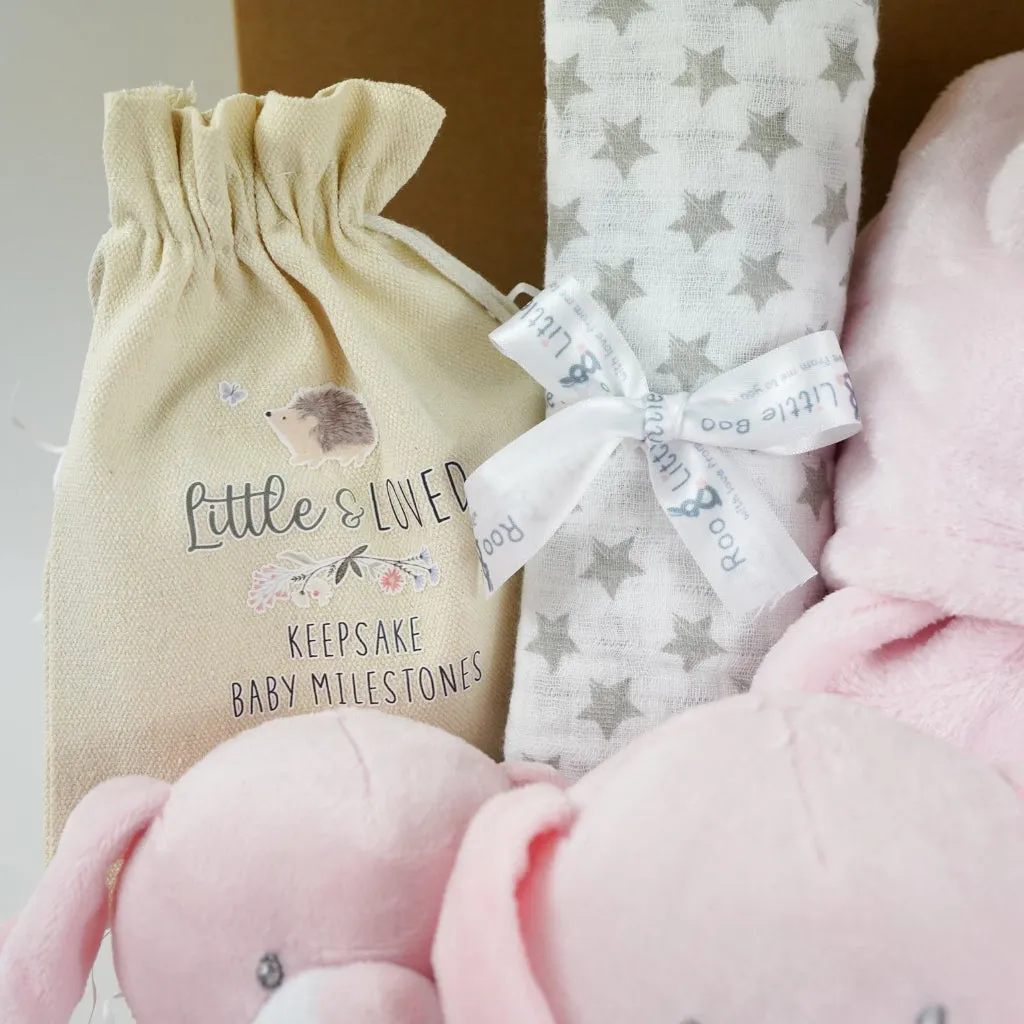 Baby Girl Gift Box Hamper, Pink Bunny Comforter & Teether, Pink Bunny Soft Eco Friendly Toy, Baby Booties