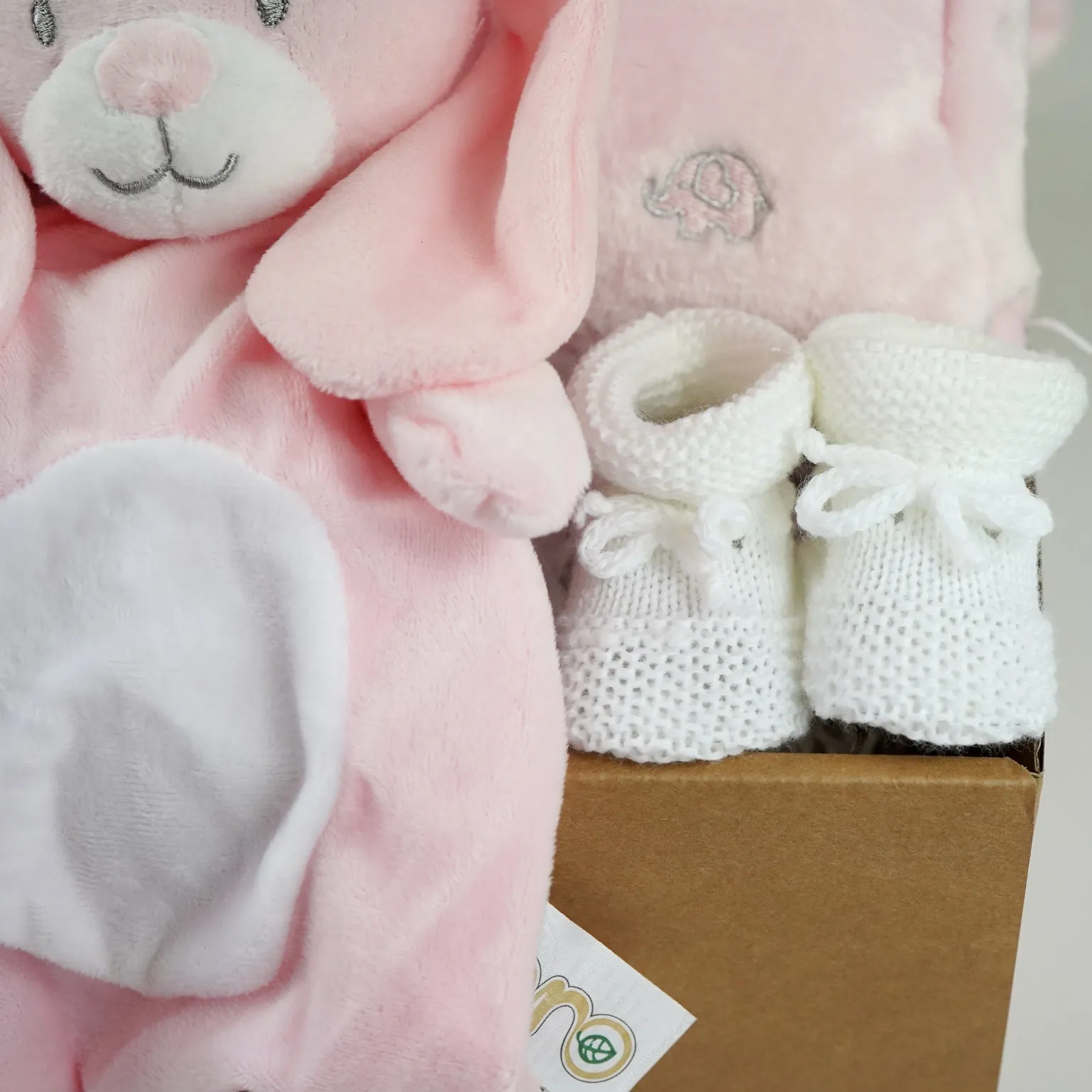 Baby Girl Gift Box Hamper, Pink Bunny Comforter & Teether, Pink Bunny Soft Eco Friendly Toy, Baby Booties