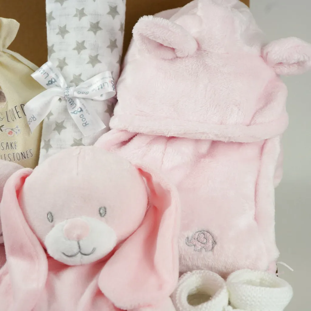 Baby Girl Gift Box Hamper, Pink Bunny Comforter & Teether, Pink Bunny Soft Eco Friendly Toy, Baby Booties