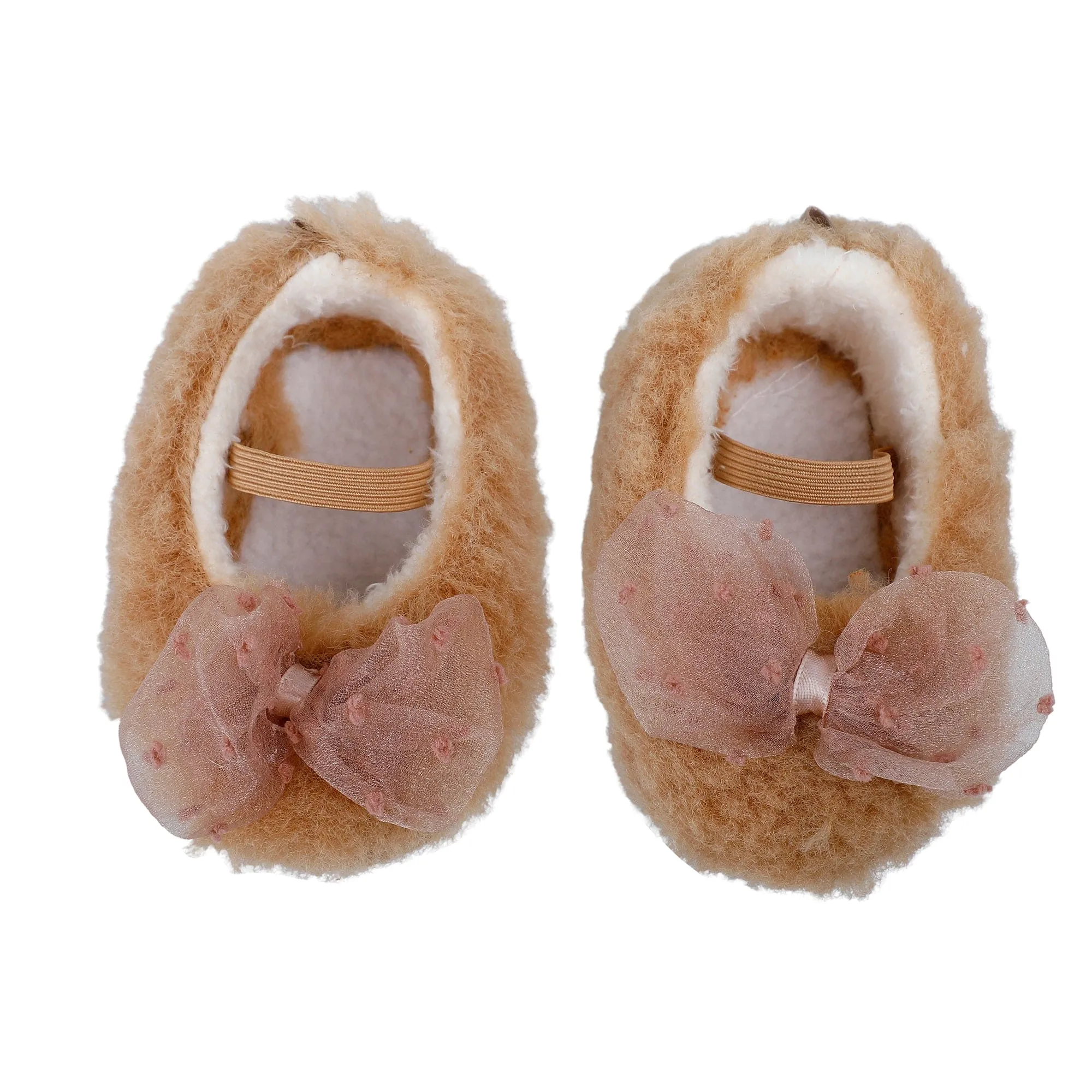 Baby Moo Bow Applique Warm Furry Booties - Brown