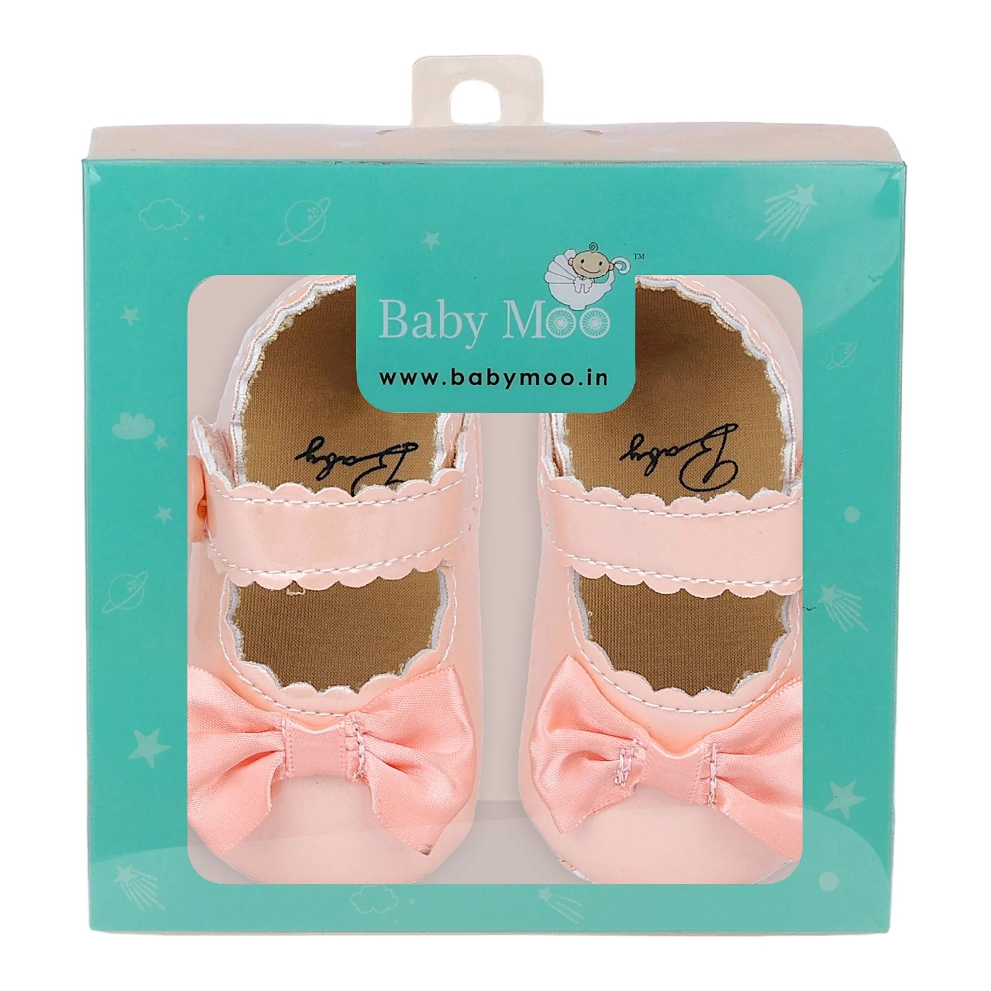 Baby Moo Bow Appplique Velcro Strap Anti-Skid Ballerina Booties - Peach