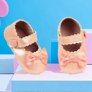 Baby Moo Bow Appplique Velcro Strap Anti-Skid Ballerina Booties - Peach