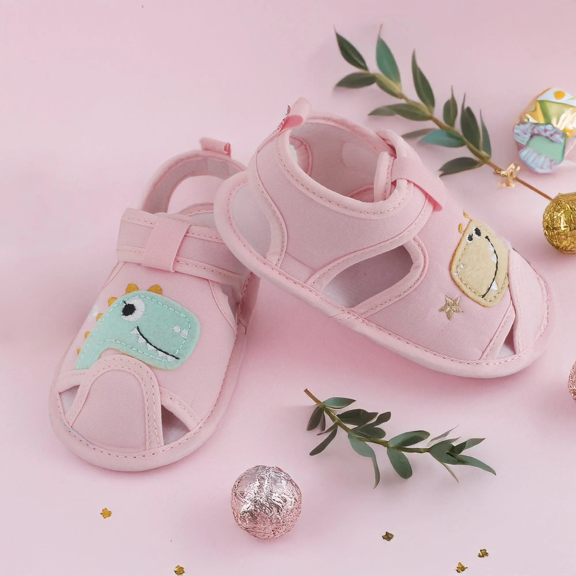 Baby Moo Dinosaur Pink Velcro Booties