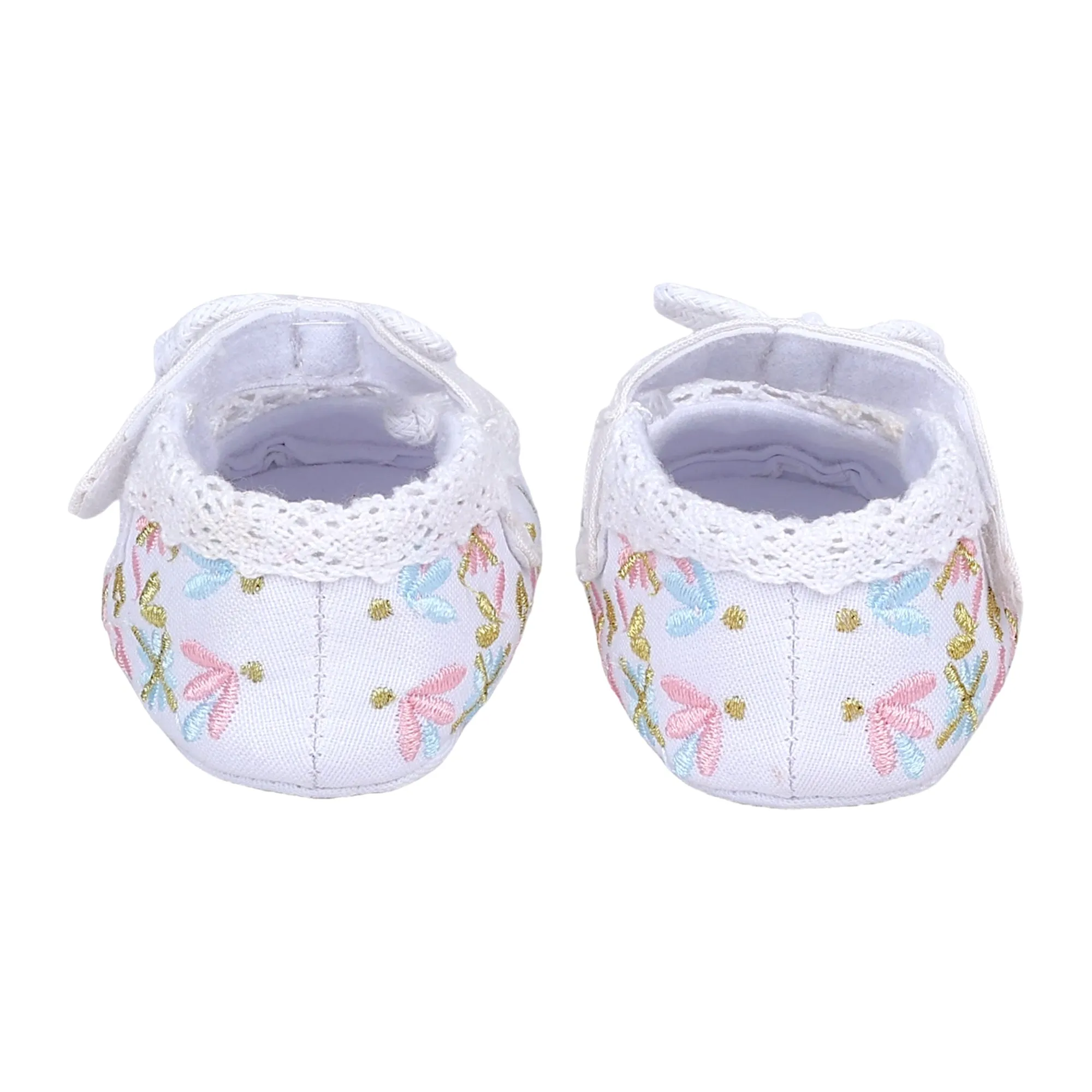 Baby Moo Fancy Floral Embroidered Velcro Straps Anti-Skid Booties - White
