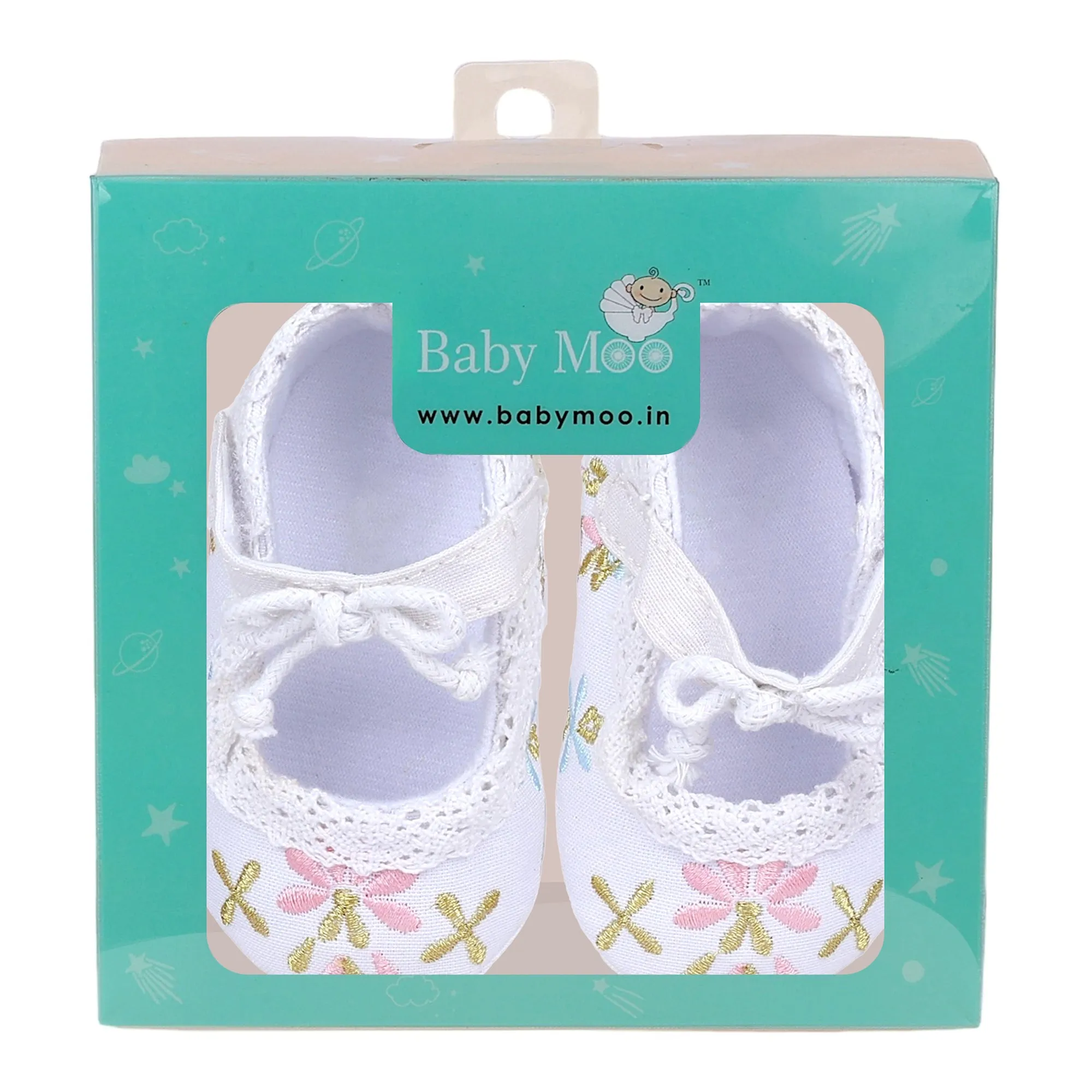 Baby Moo Fancy Floral Embroidered Velcro Straps Anti-Skid Booties - White
