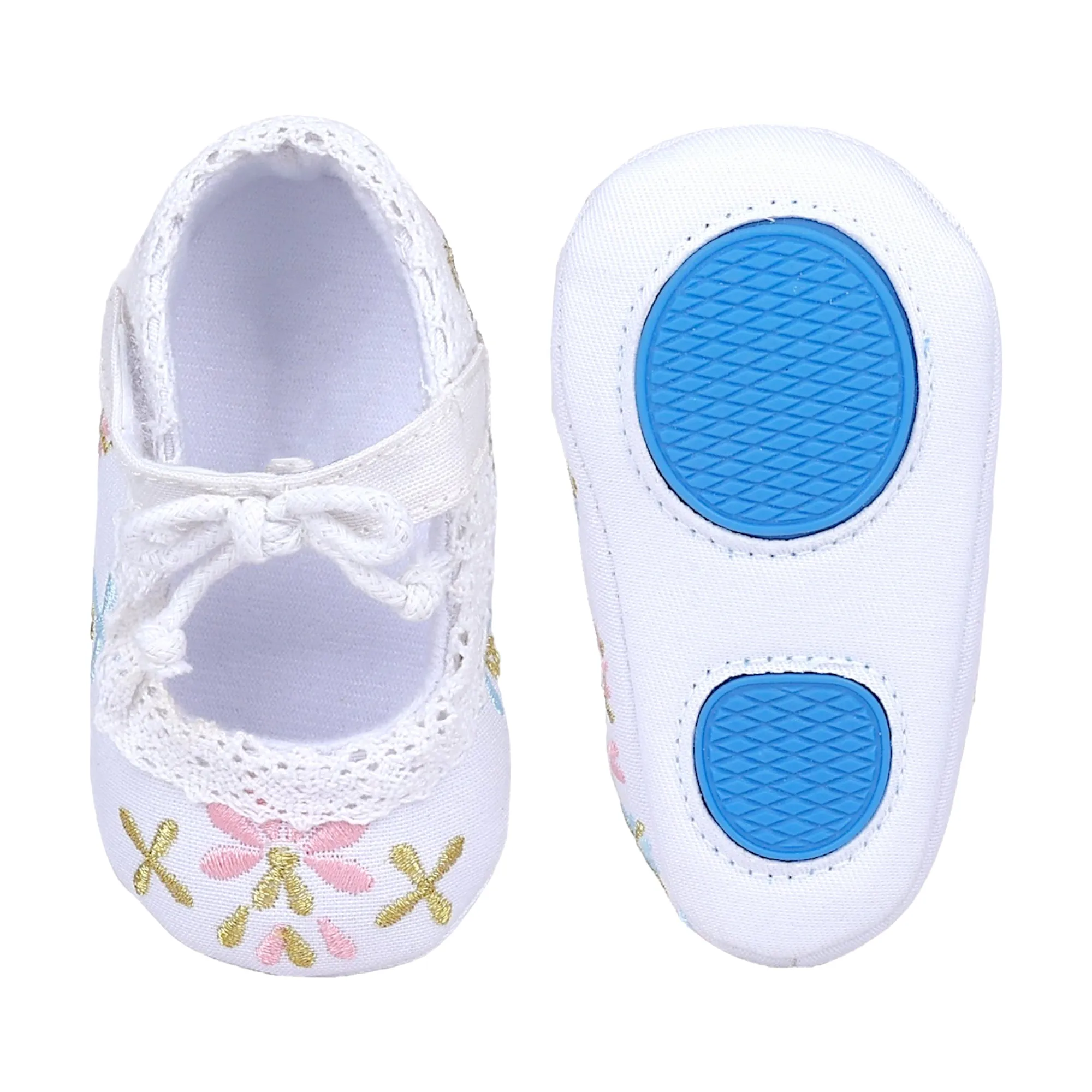 Baby Moo Fancy Floral Embroidered Velcro Straps Anti-Skid Booties - White