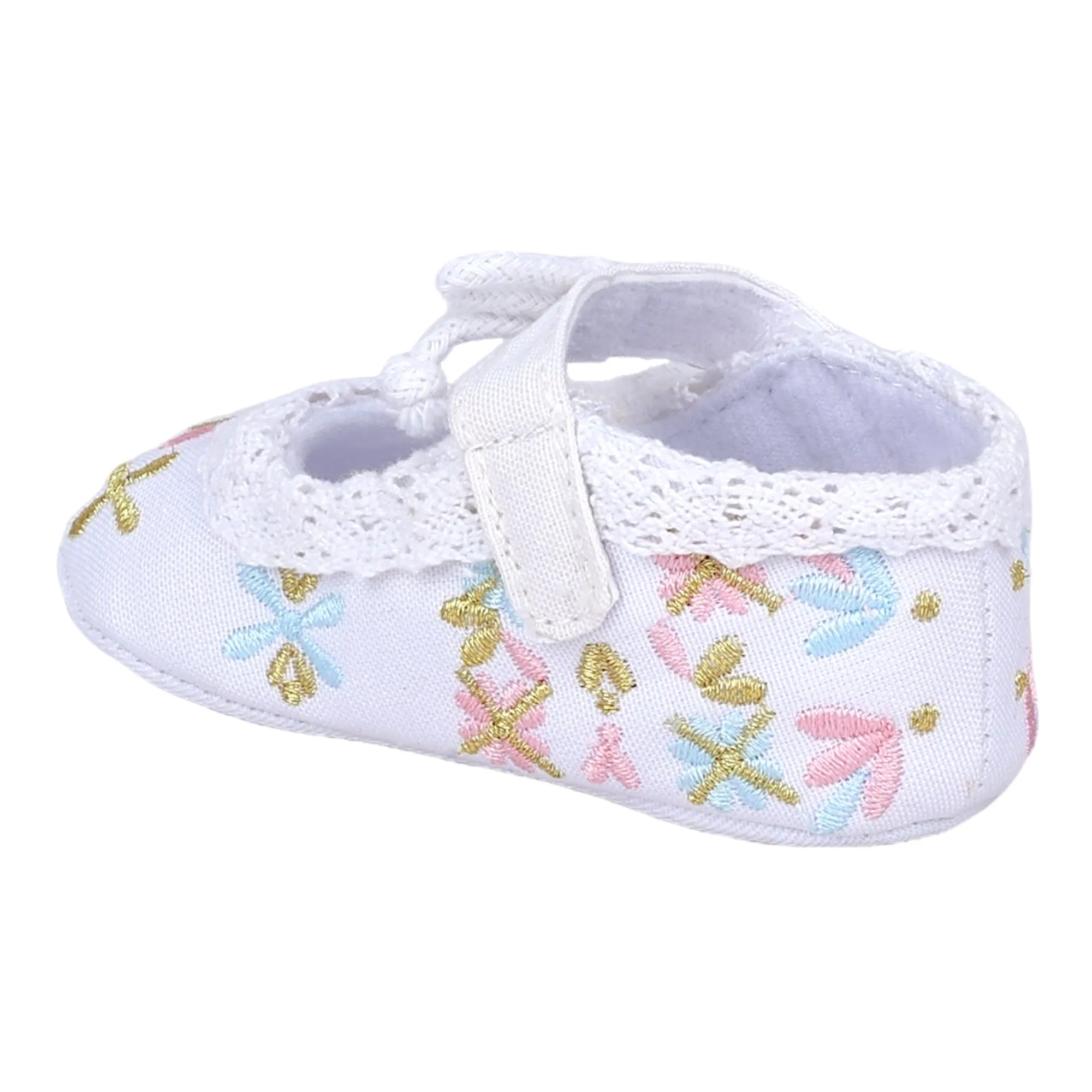 Baby Moo Fancy Floral Embroidered Velcro Straps Anti-Skid Booties - White