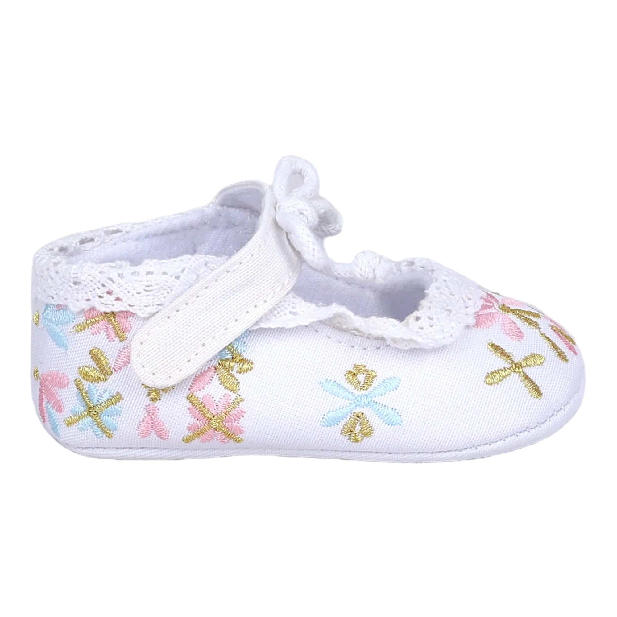 Baby Moo Fancy Floral Embroidered Velcro Straps Anti-Skid Booties - White
