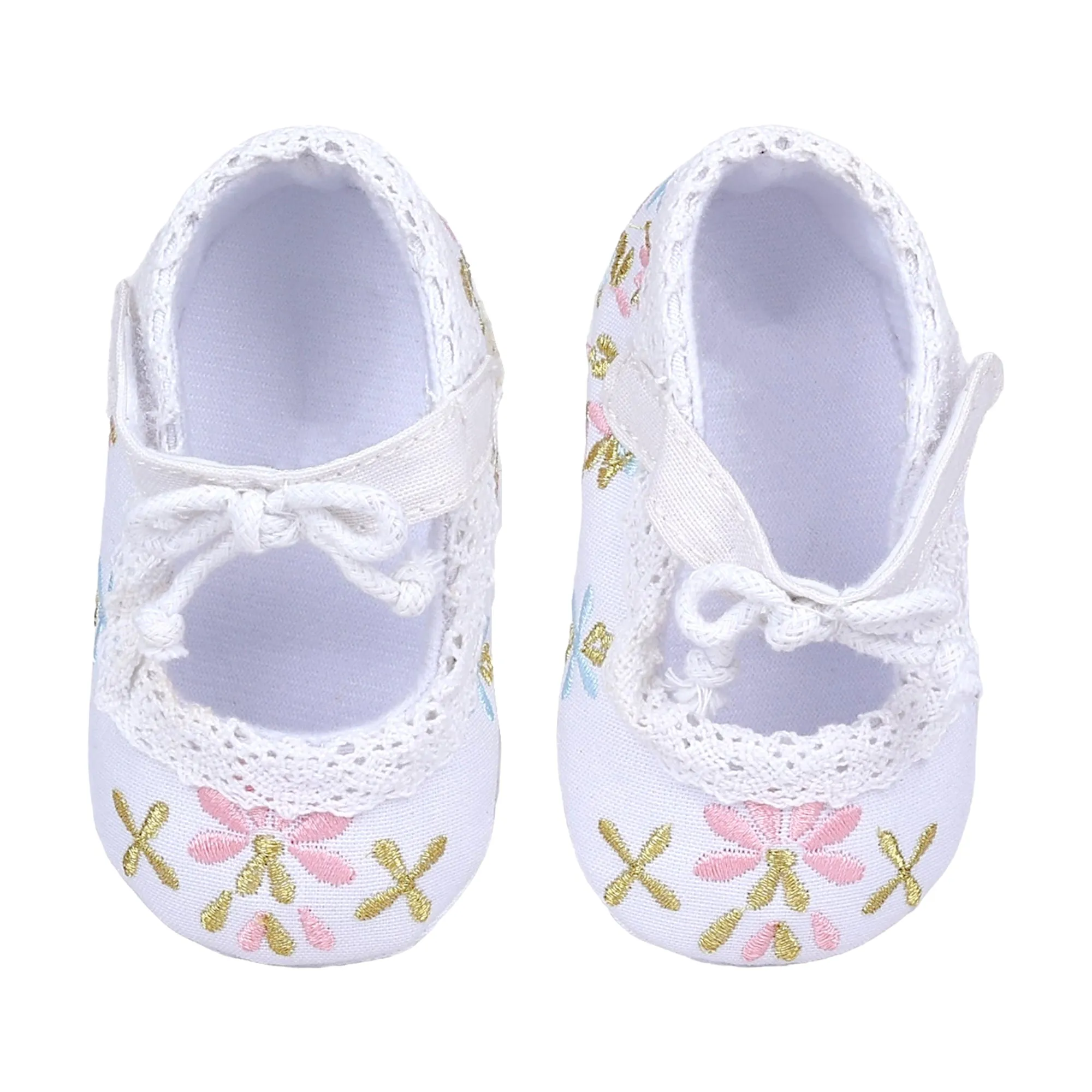 Baby Moo Fancy Floral Embroidered Velcro Straps Anti-Skid Booties - White