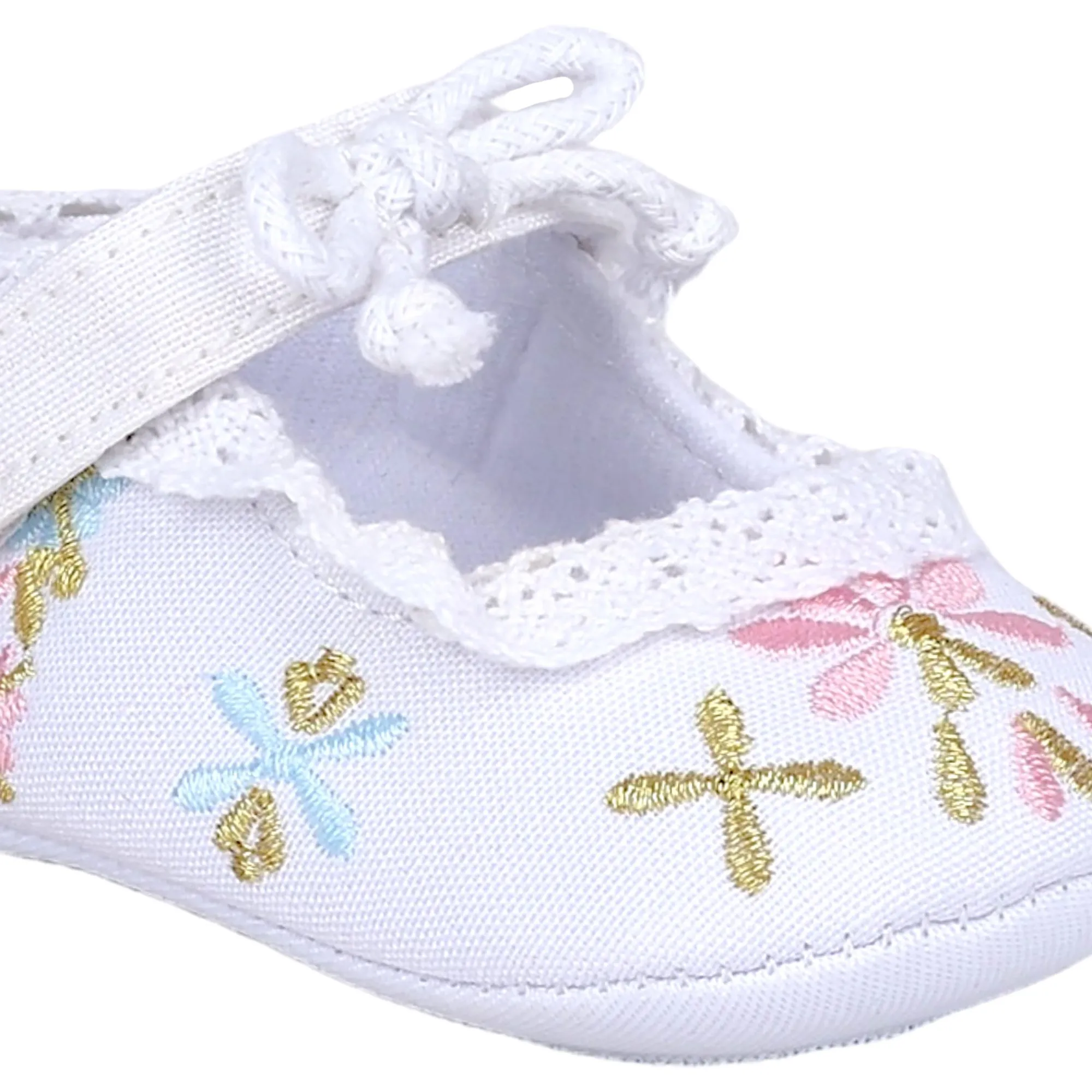 Baby Moo Fancy Floral Embroidered Velcro Straps Anti-Skid Booties - White