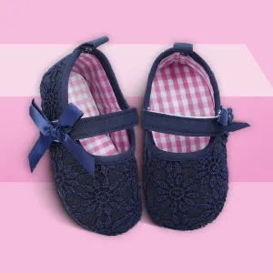 Baby Moo Floral Lace Velcro Strap Anti-Skid Ballerina Booties - Blue