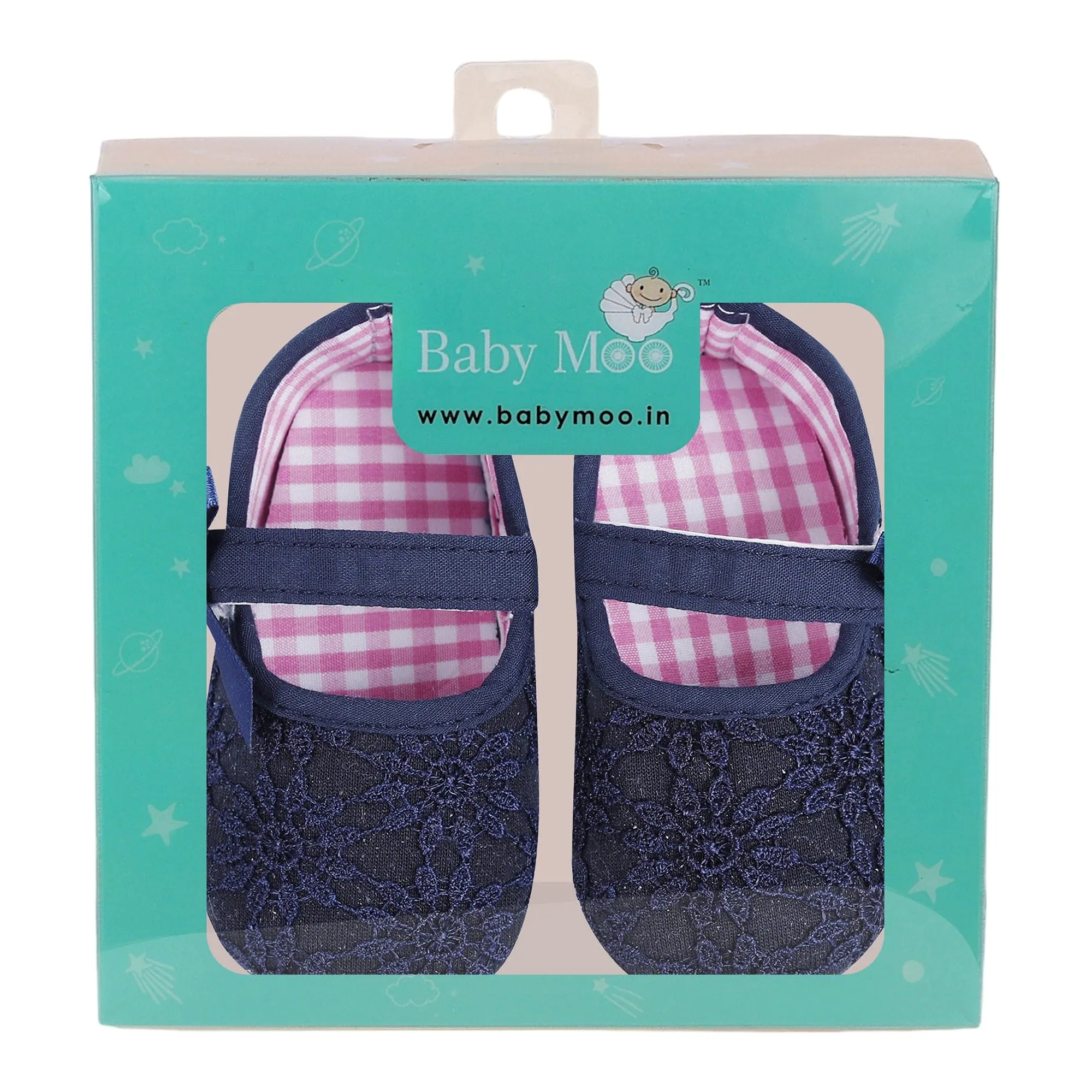Baby Moo Floral Lace Velcro Strap Anti-Skid Ballerina Booties - Blue