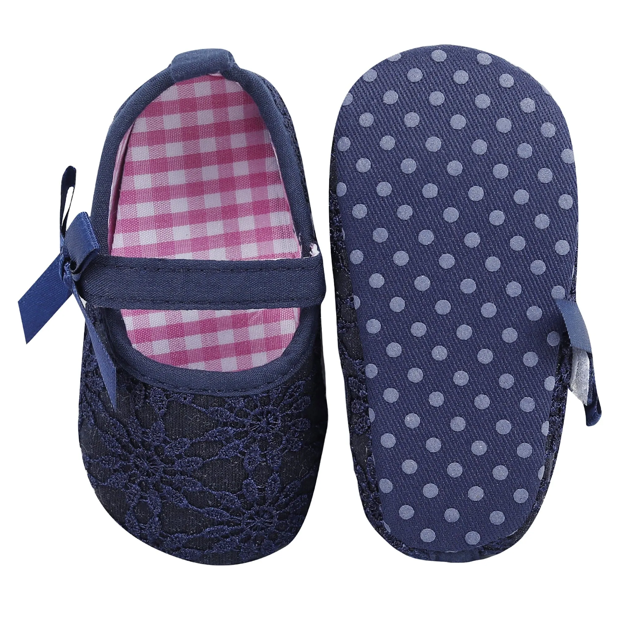 Baby Moo Floral Lace Velcro Strap Anti-Skid Ballerina Booties - Blue