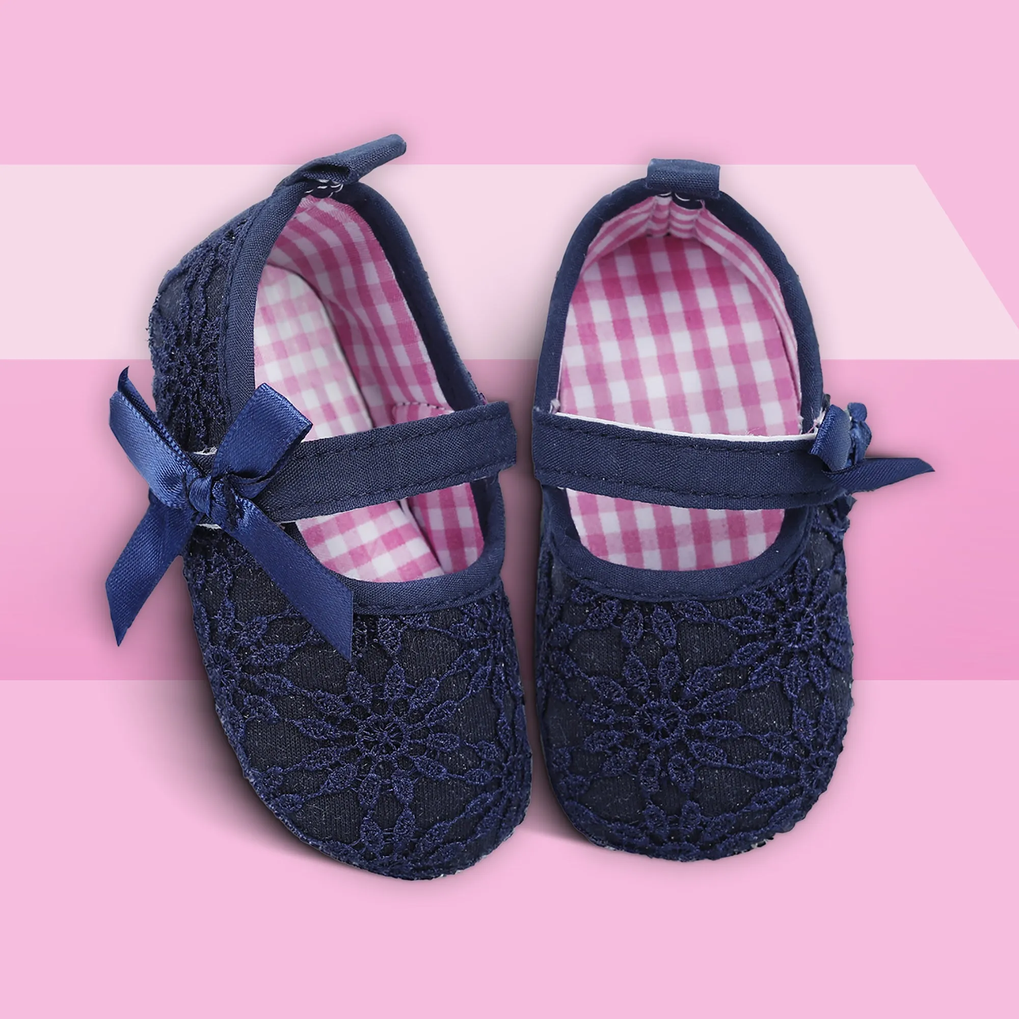 Baby Moo Floral Lace Velcro Strap Anti-Skid Ballerina Booties - Blue
