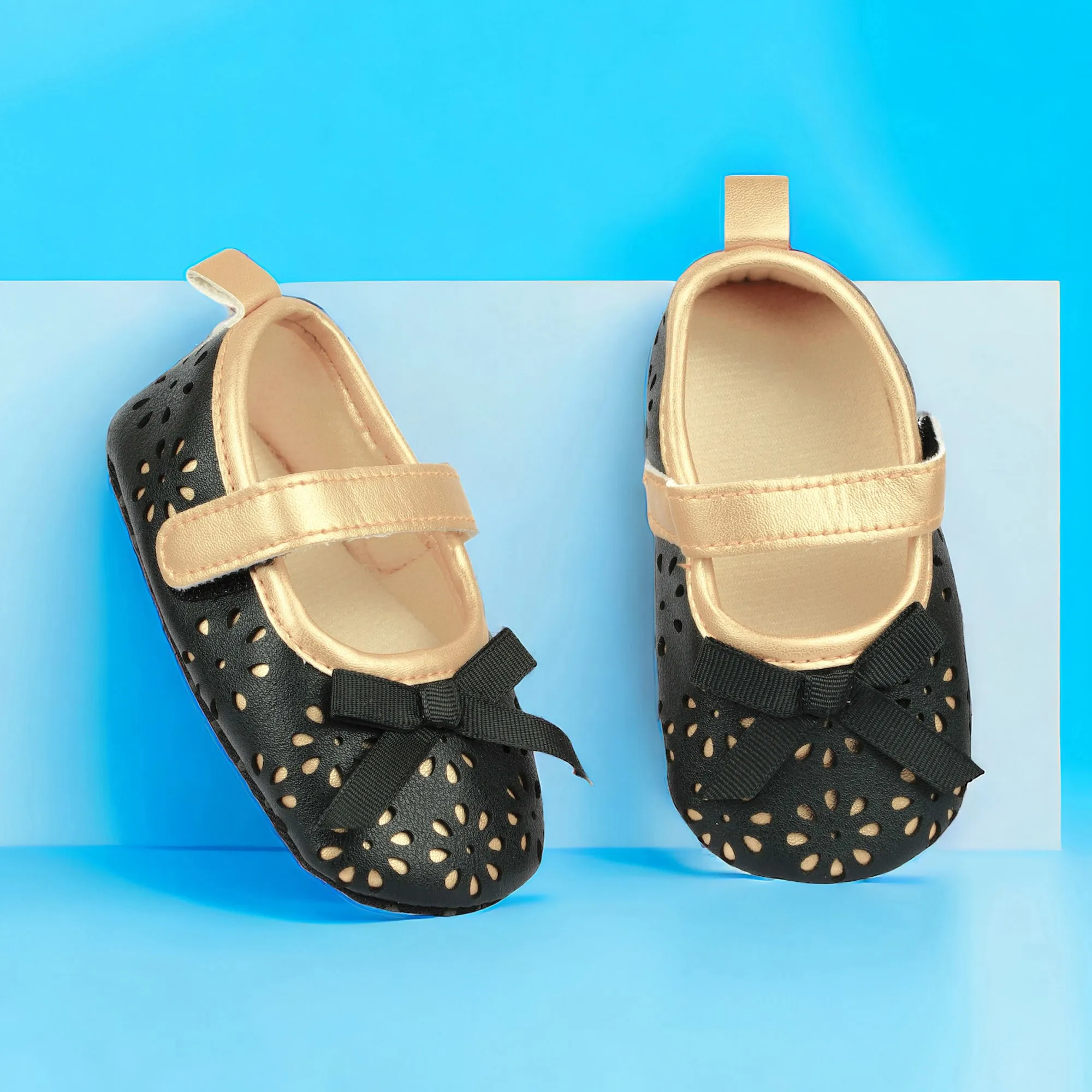 Baby Moo Flower Cut-Out Bow Velcro Strap Anti-Skid Ballerina Booties - Black