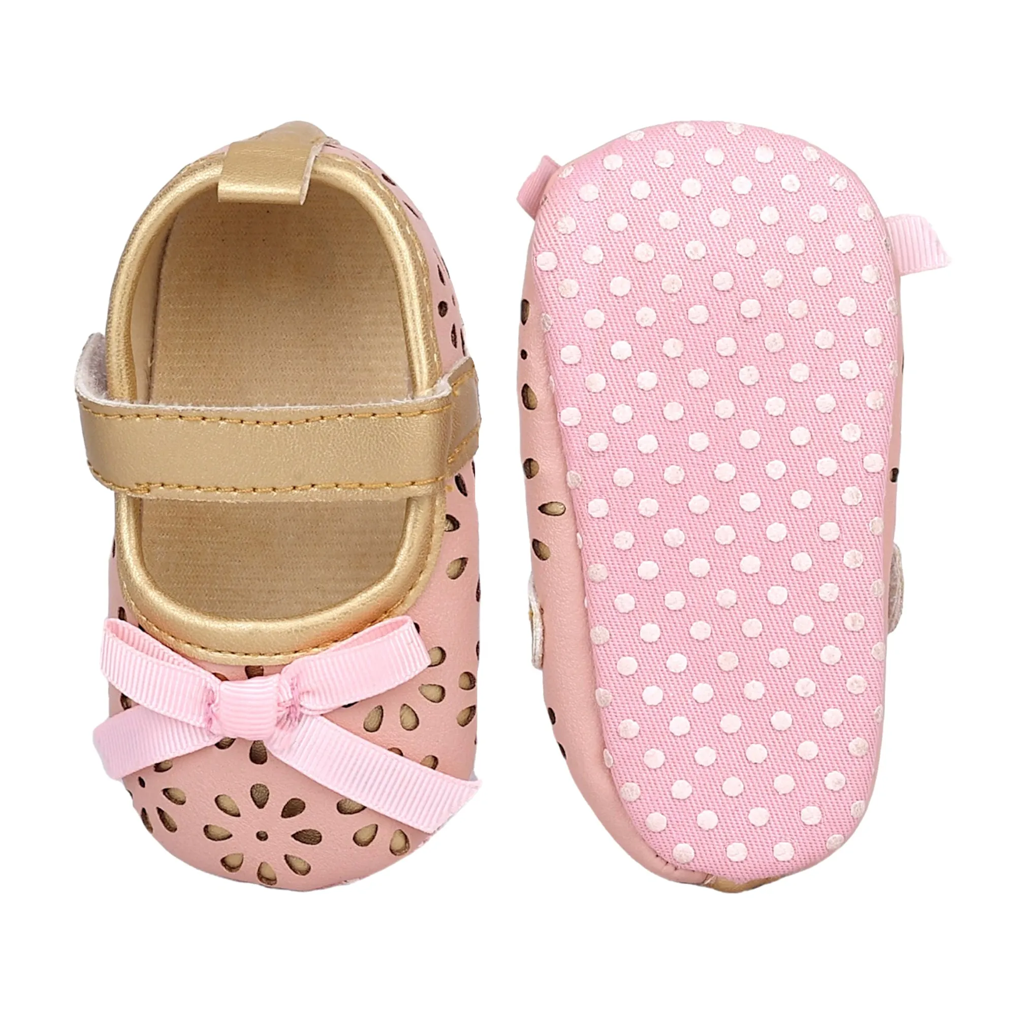 Baby Moo Flower Cut-Out Bow Velcro Strap Anti-Skid Ballerina Booties - Pink