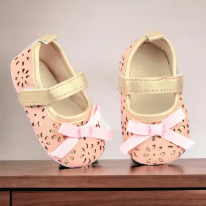 Baby Moo Flower Cut-Out Bow Velcro Strap Anti-Skid Ballerina Booties - Pink
