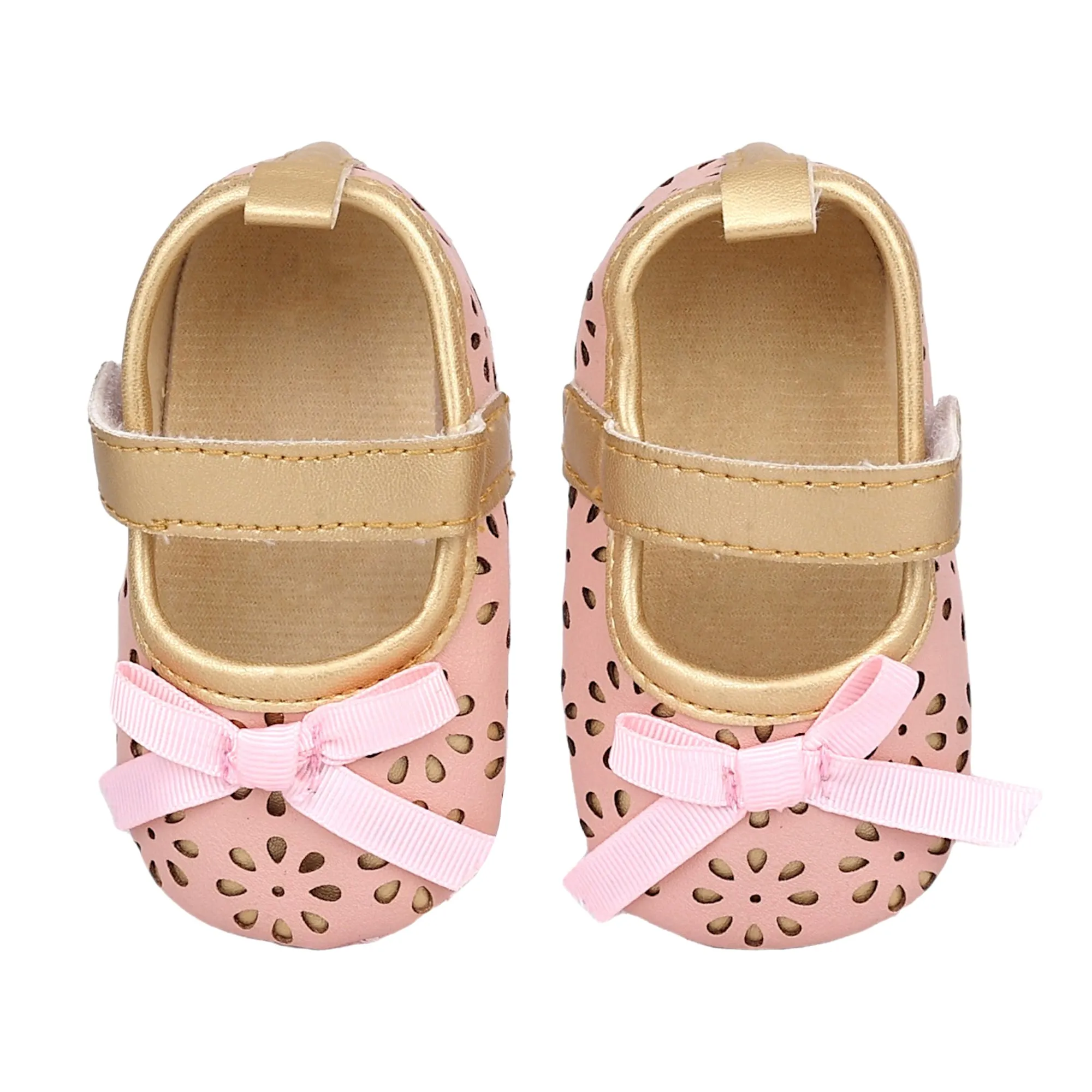 Baby Moo Flower Cut-Out Bow Velcro Strap Anti-Skid Ballerina Booties - Pink