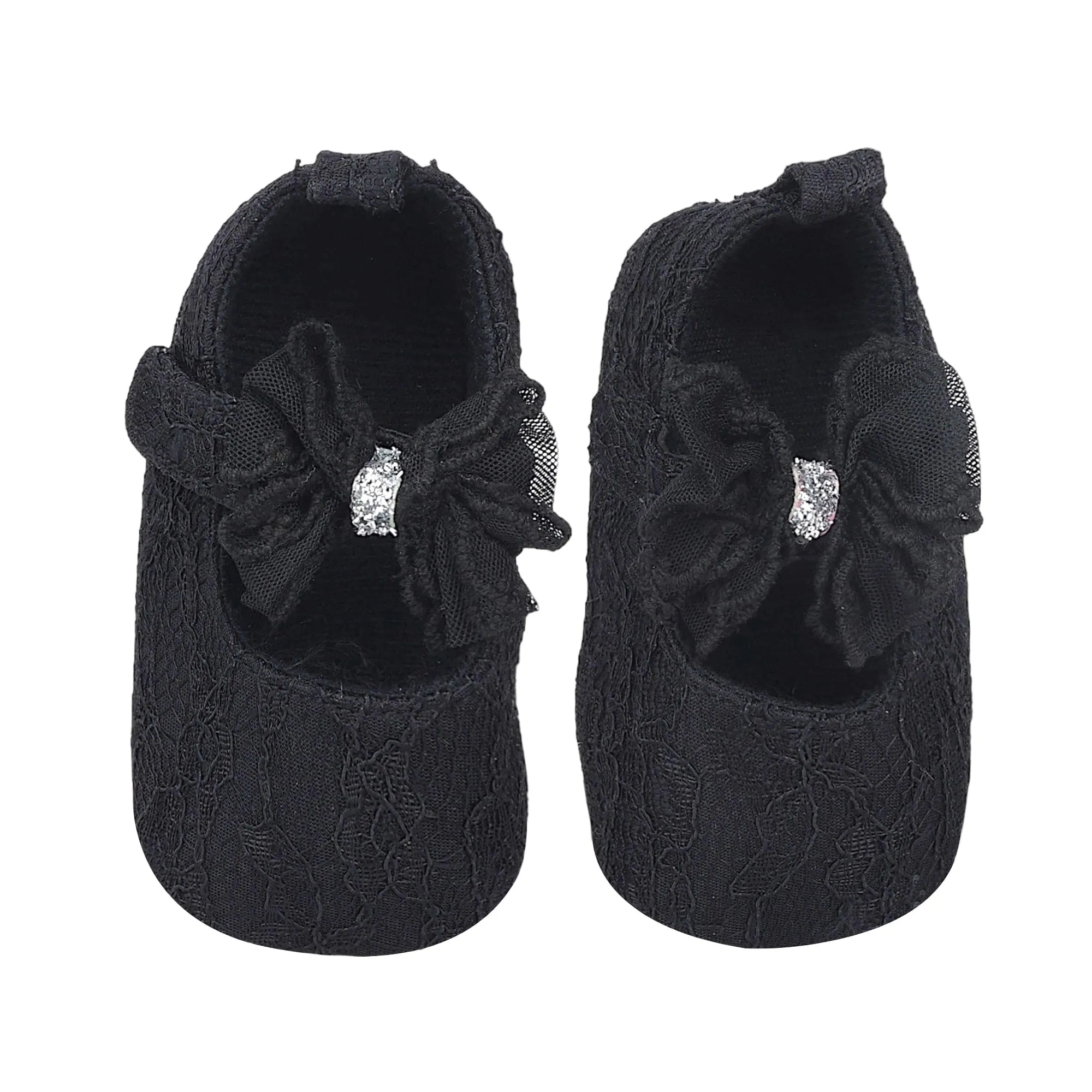Baby Moo Lace Glitter Bow Velcro Strap Anti-Skid Ballerina Booties - Black
