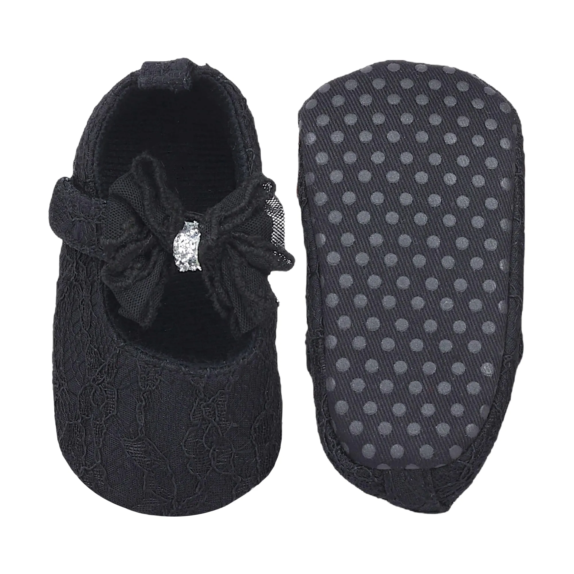 Baby Moo Lace Glitter Bow Velcro Strap Anti-Skid Ballerina Booties - Black