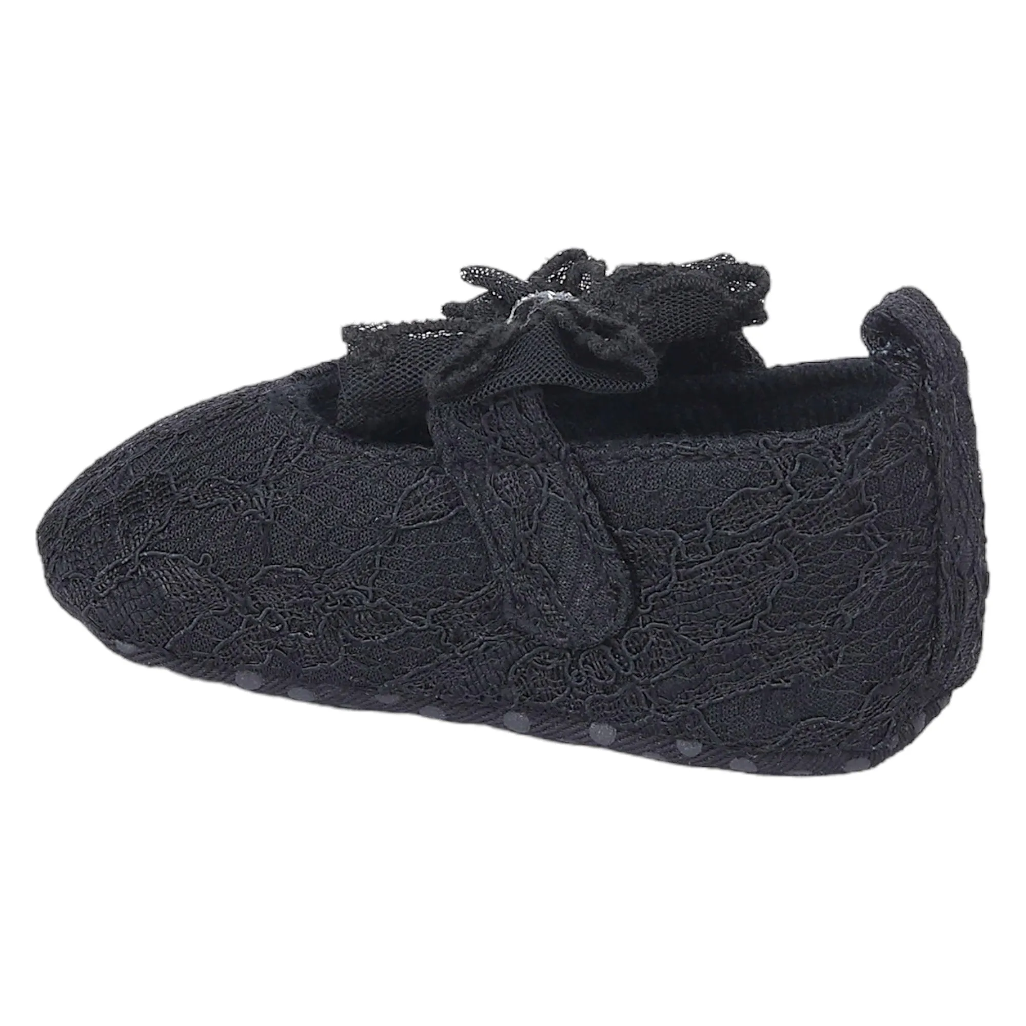 Baby Moo Lace Glitter Bow Velcro Strap Anti-Skid Ballerina Booties - Black