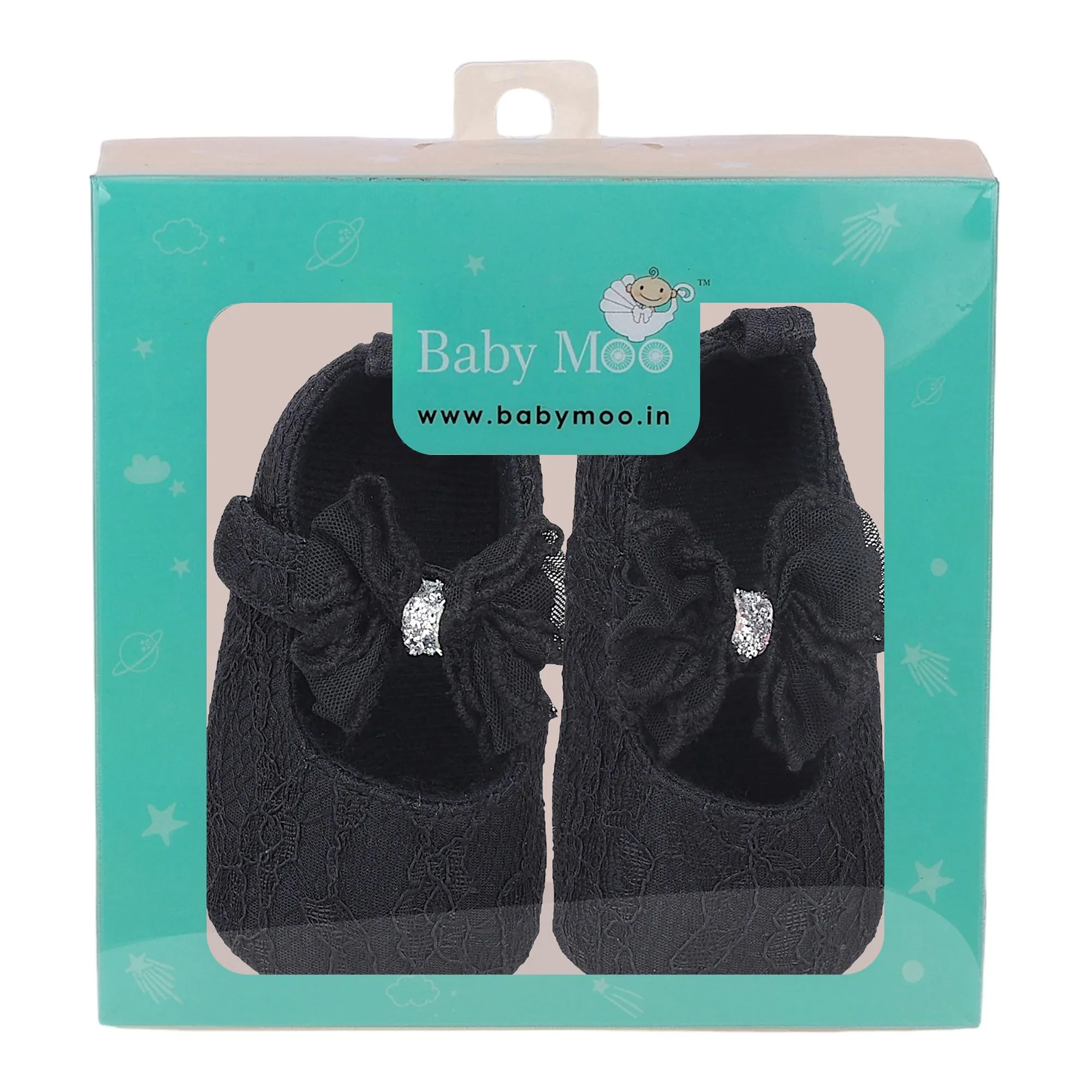 Baby Moo Lace Glitter Bow Velcro Strap Anti-Skid Ballerina Booties - Black