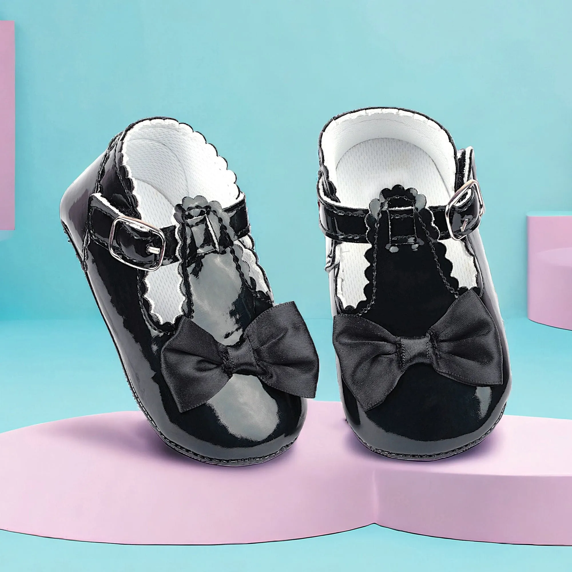 Baby Moo Mary Jane Bow Patent Leather Anti-Skid Ballerina Booties - Black