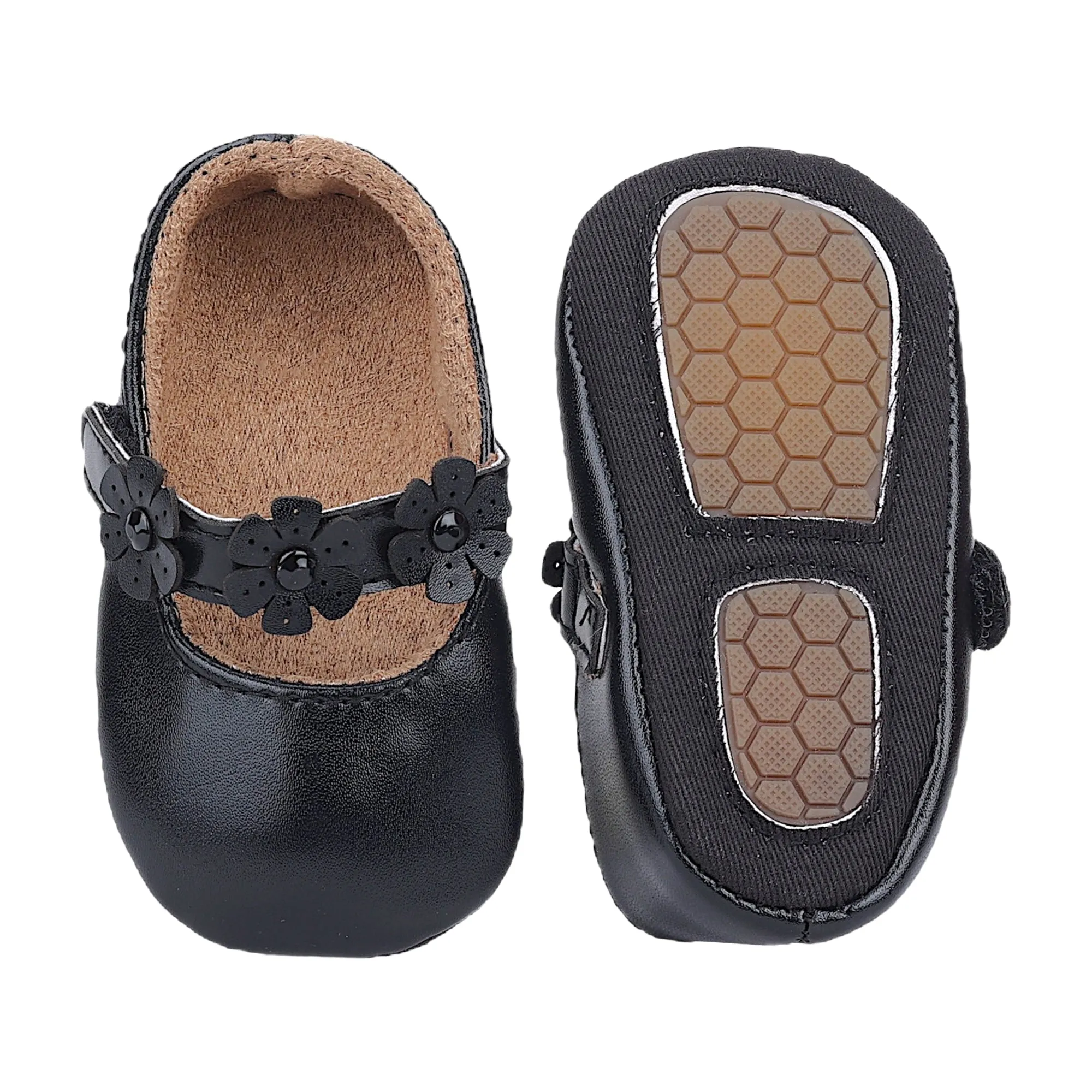 Baby Moo Mary Jane Embellished Flower Anti-Skid Ballerina Booties - Black