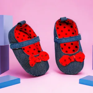 Baby Moo Polka Bow Knot Velcro Strap Denim Ballerina Booties - Navy Blue