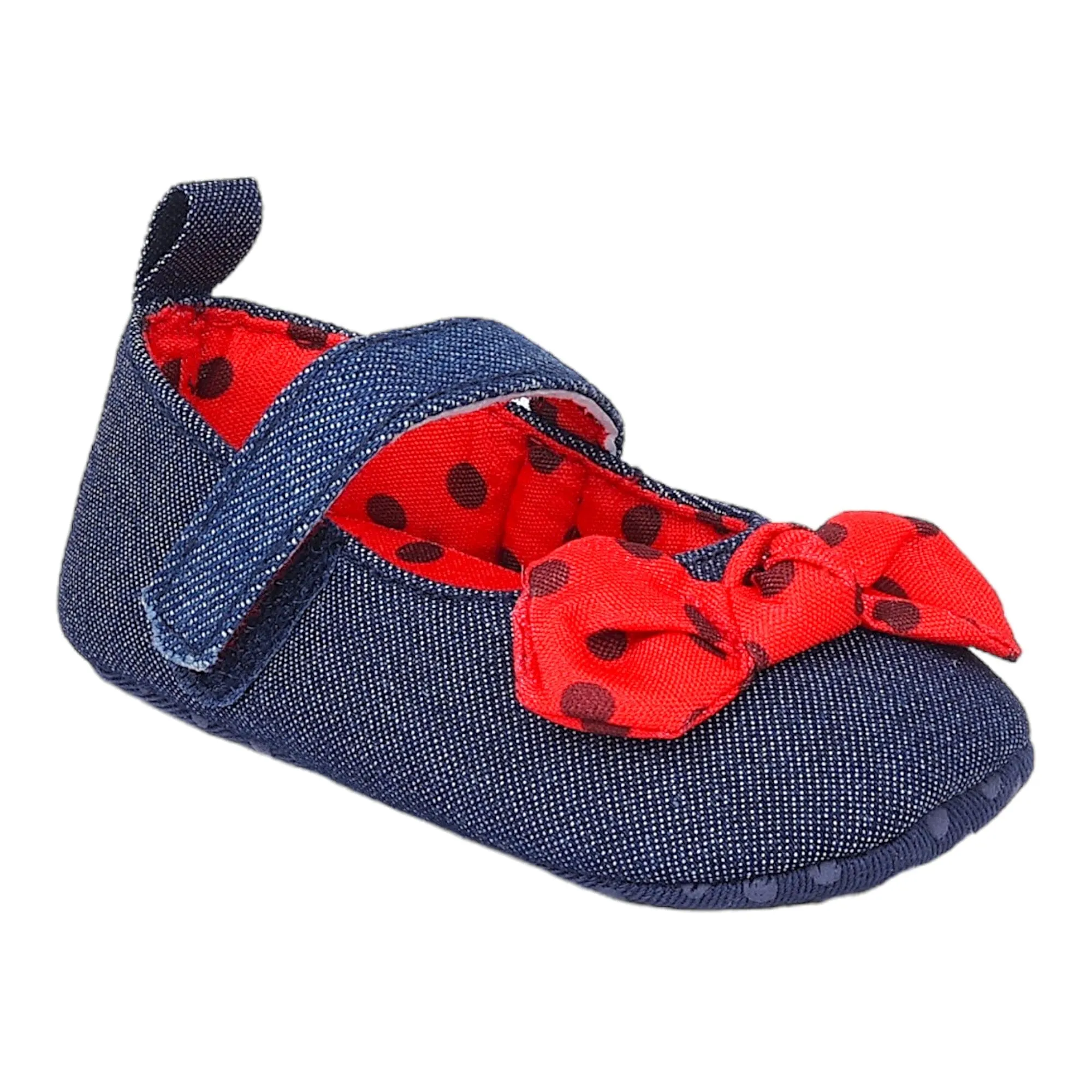 Baby Moo Polka Bow Knot Velcro Strap Denim Ballerina Booties - Navy Blue