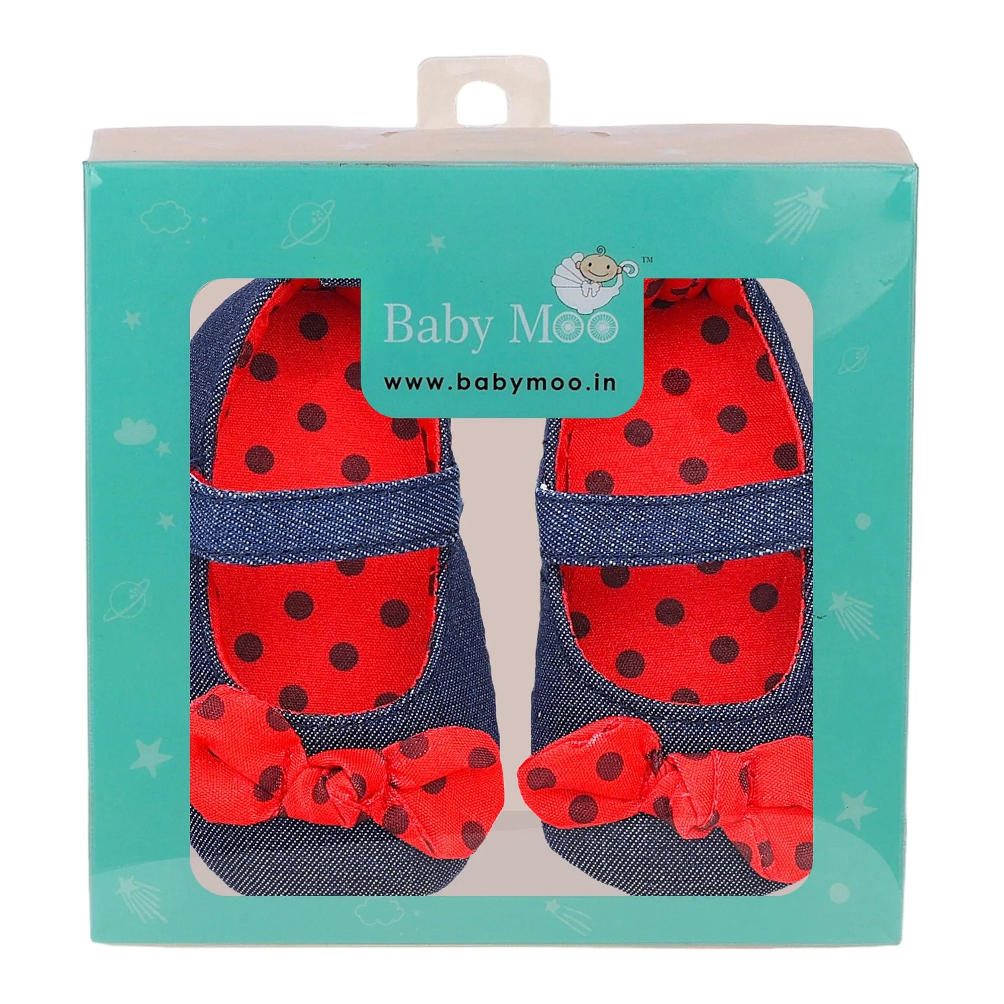 Baby Moo Polka Bow Knot Velcro Strap Denim Ballerina Booties - Navy Blue