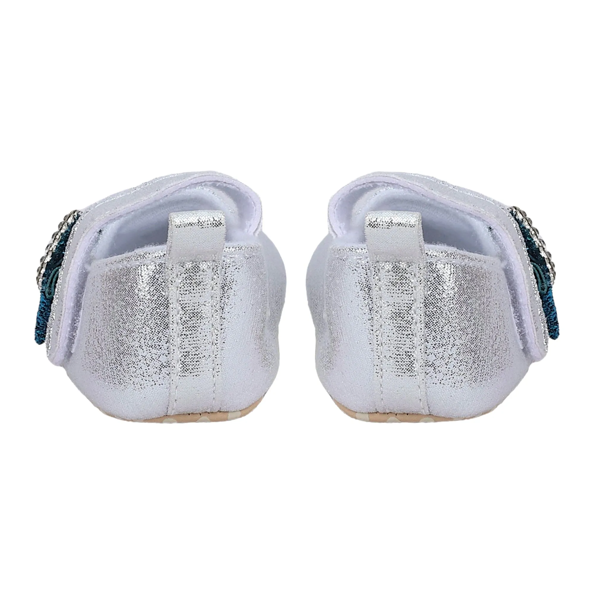Baby Moo Shining Partywear Bow Applique Velcro Strap Ballerina Booties - Silver