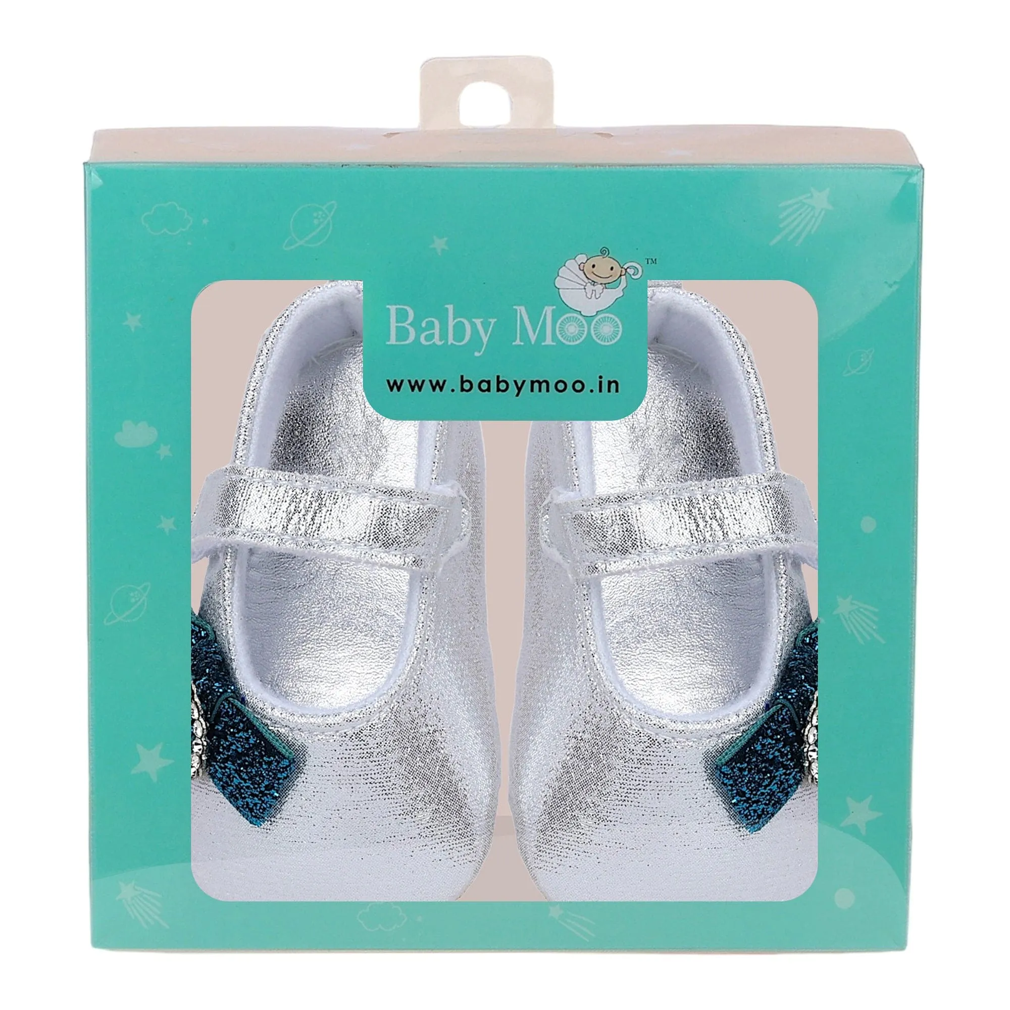 Baby Moo Shining Partywear Bow Applique Velcro Strap Ballerina Booties - Silver