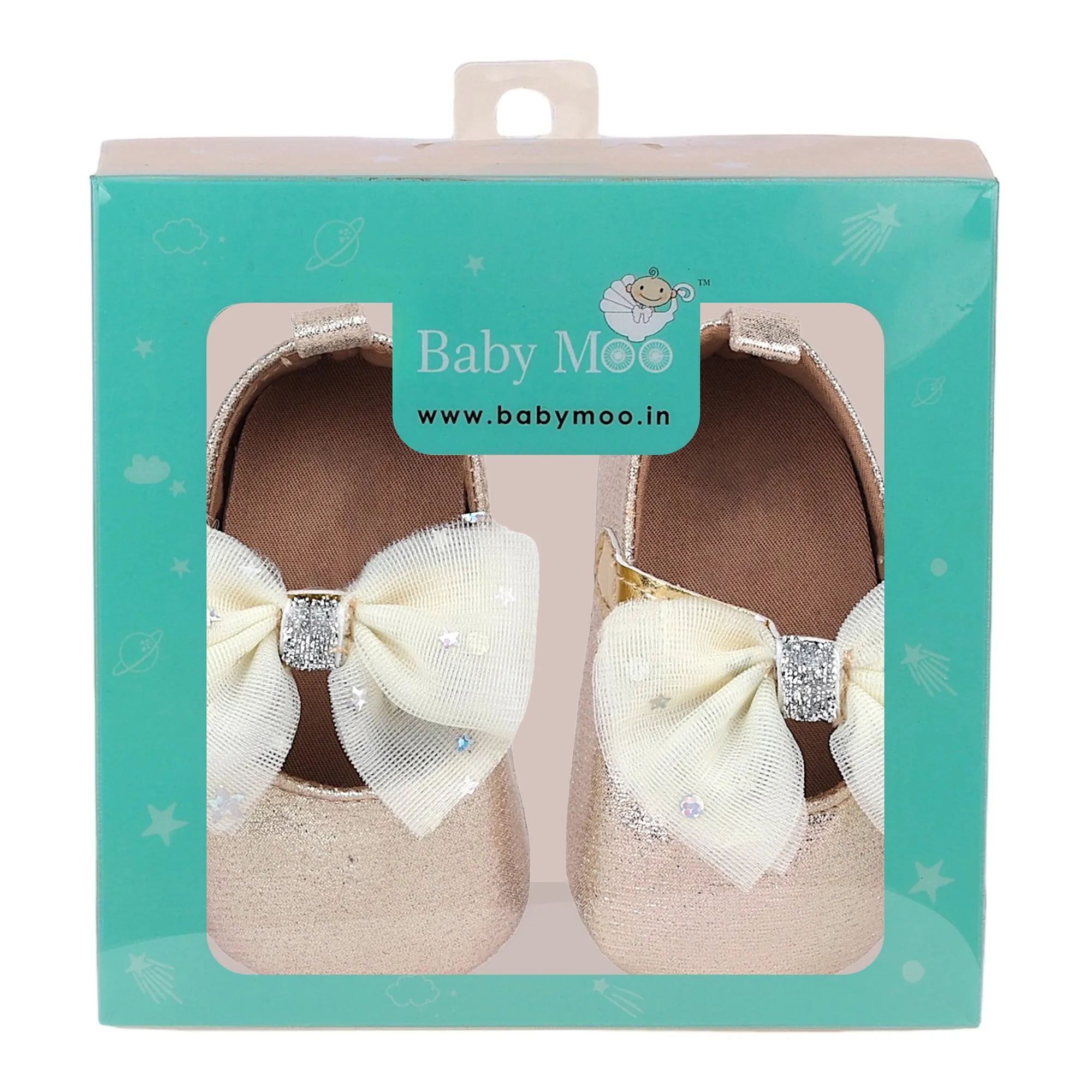 Baby Moo Starry Bow Partywear Anti-Skid Ballerina Booties - Gold