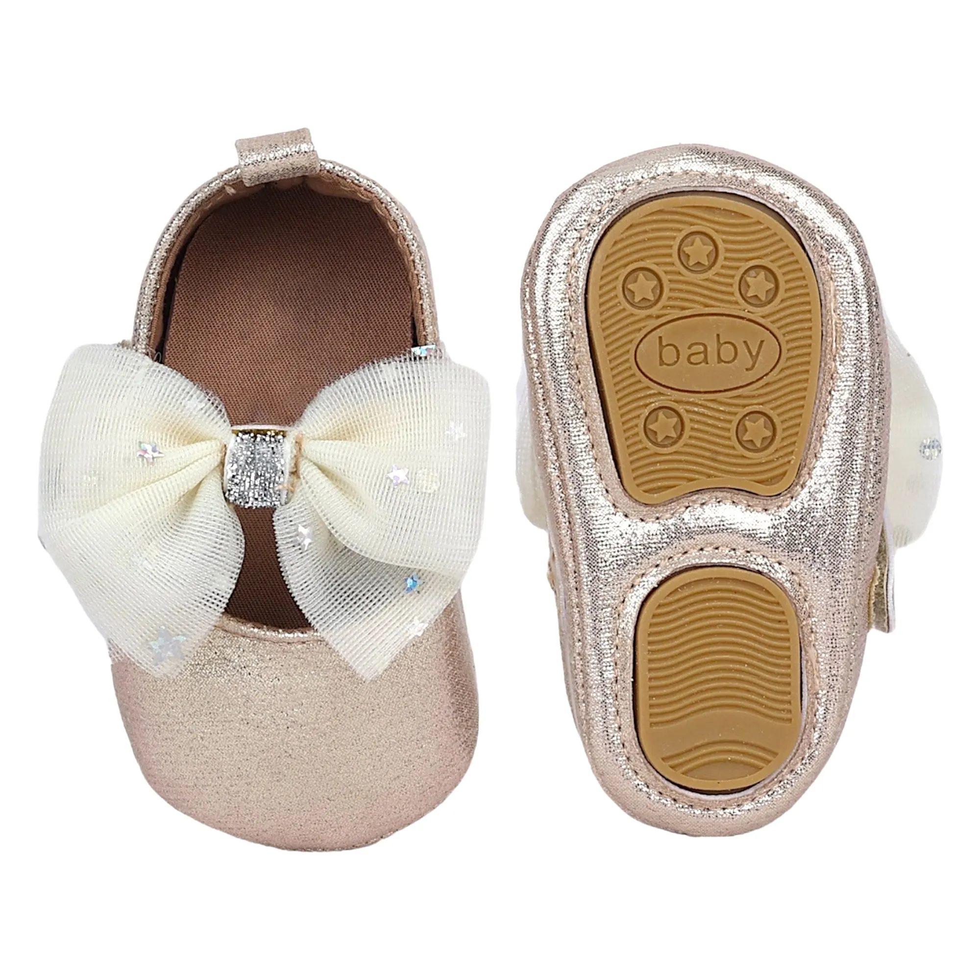 Baby Moo Starry Bow Partywear Anti-Skid Ballerina Booties - Gold