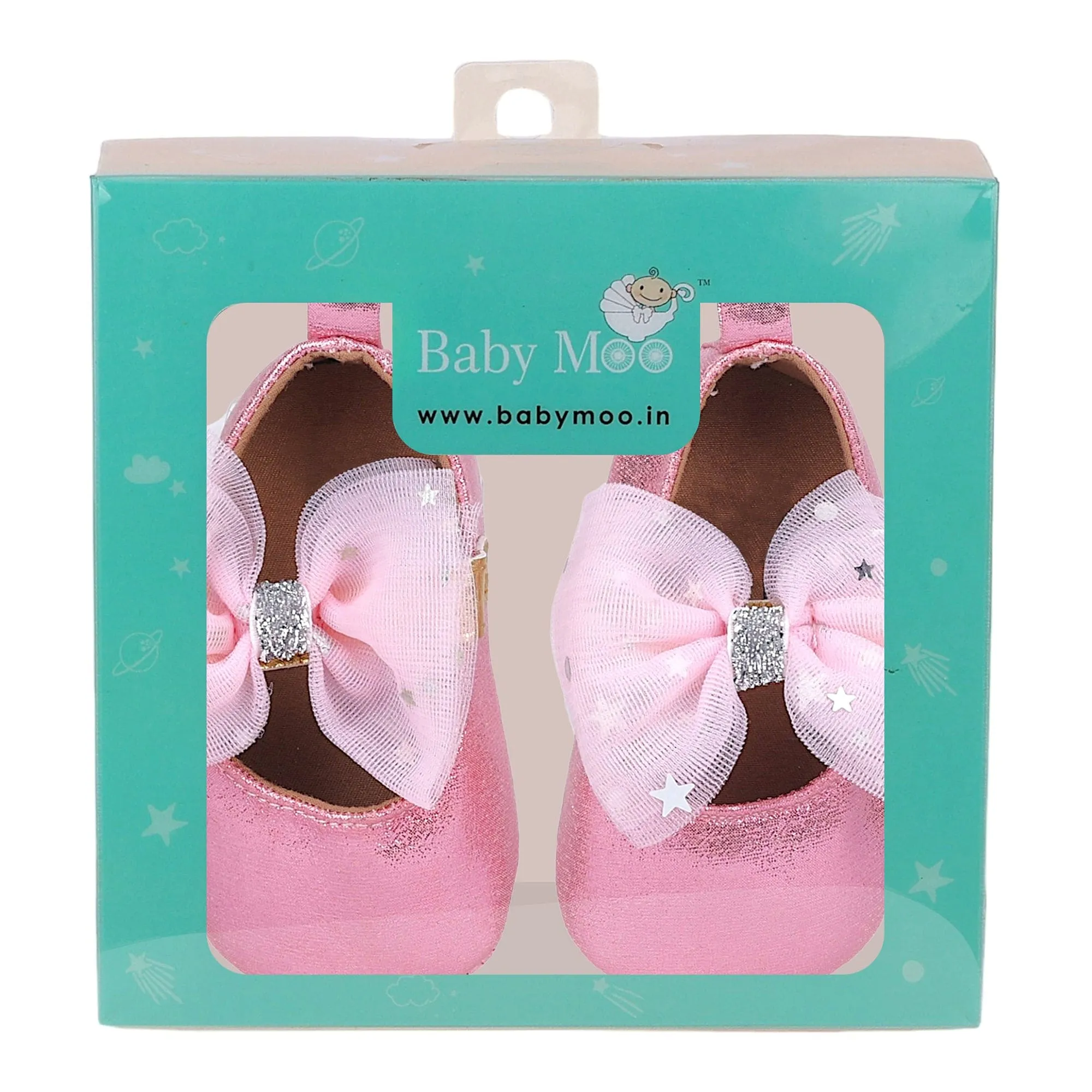 Baby Moo Starry Bow Partywear Anti-Skid Ballerina Booties - Pink