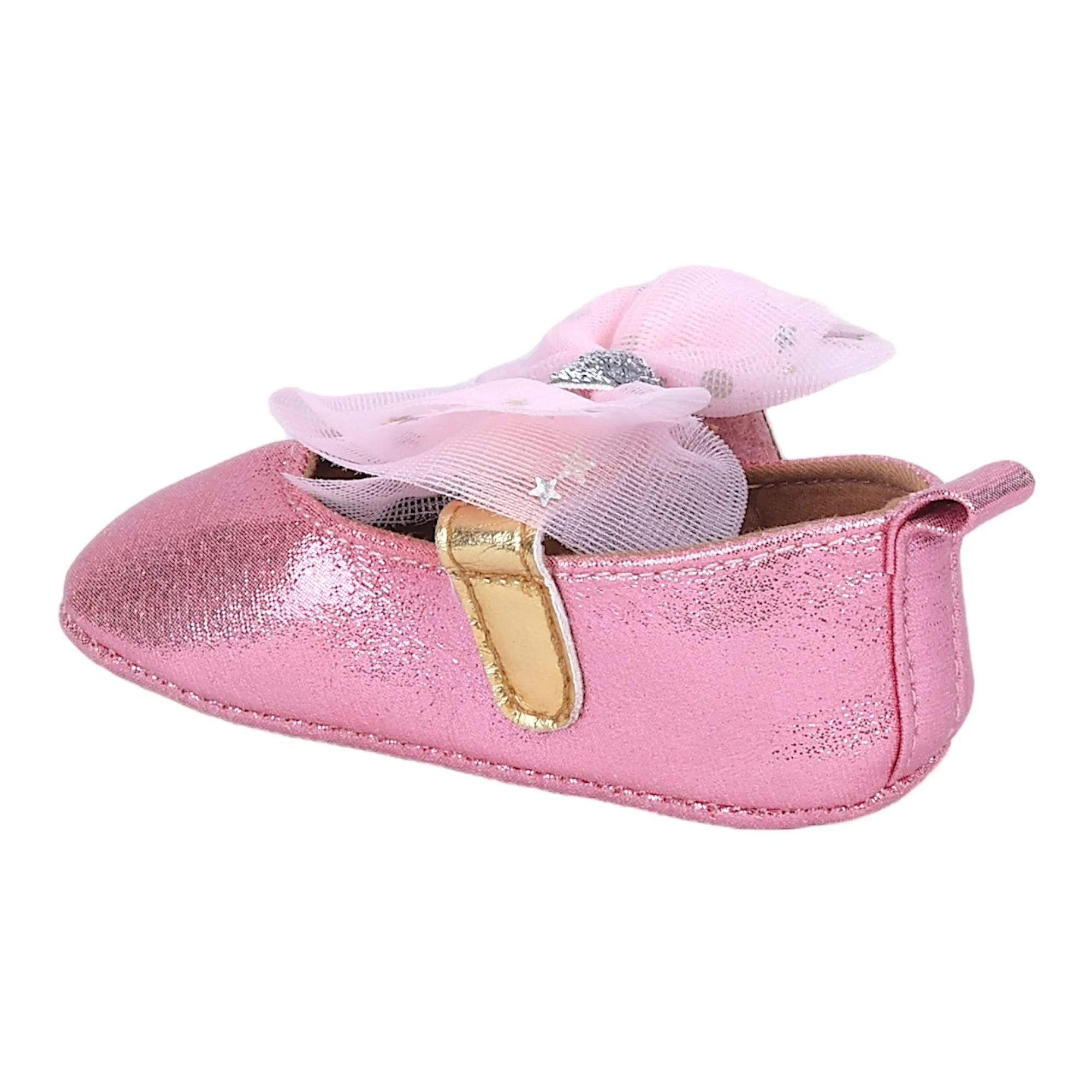 Baby Moo Starry Bow Partywear Anti-Skid Ballerina Booties - Pink