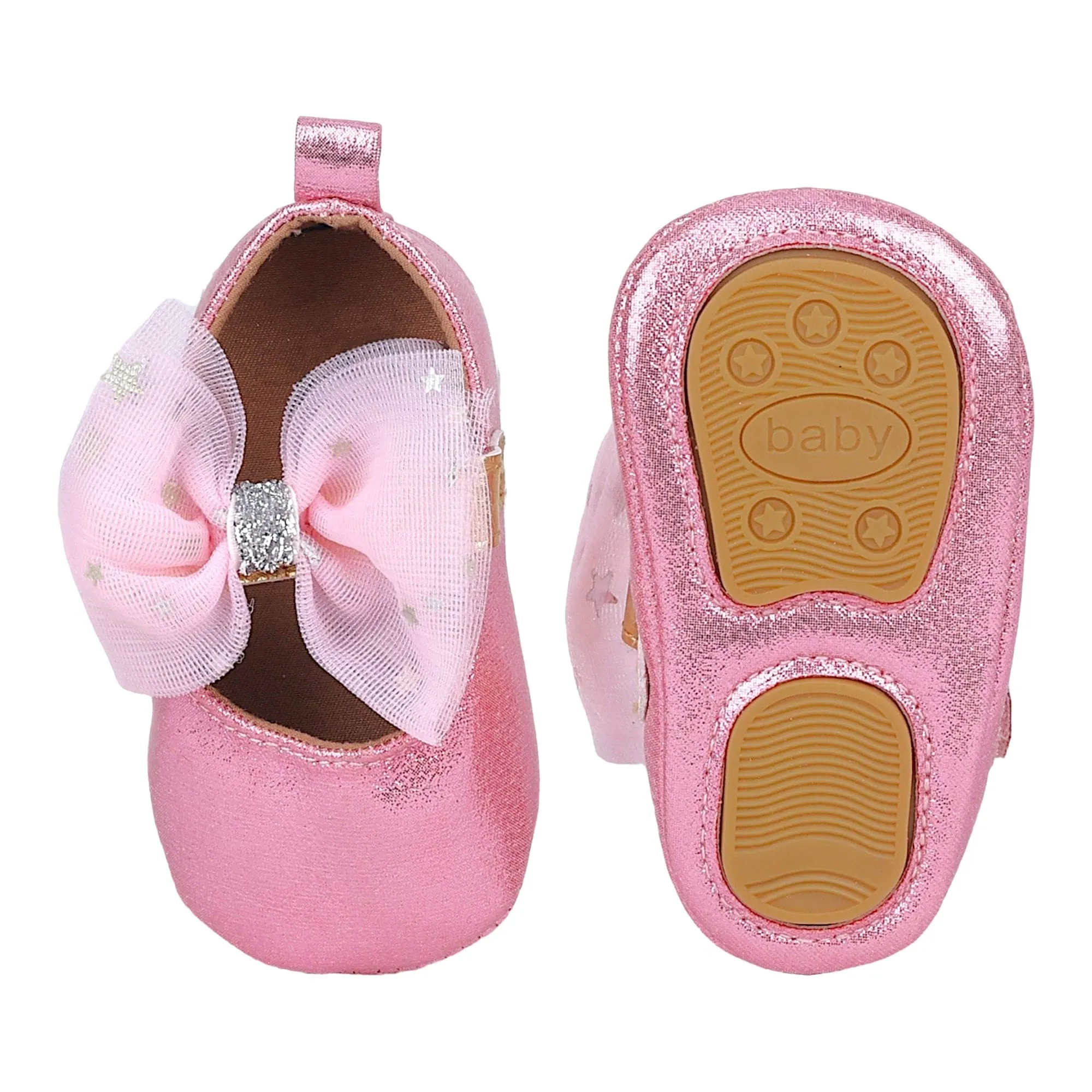Baby Moo Starry Bow Partywear Anti-Skid Ballerina Booties - Pink