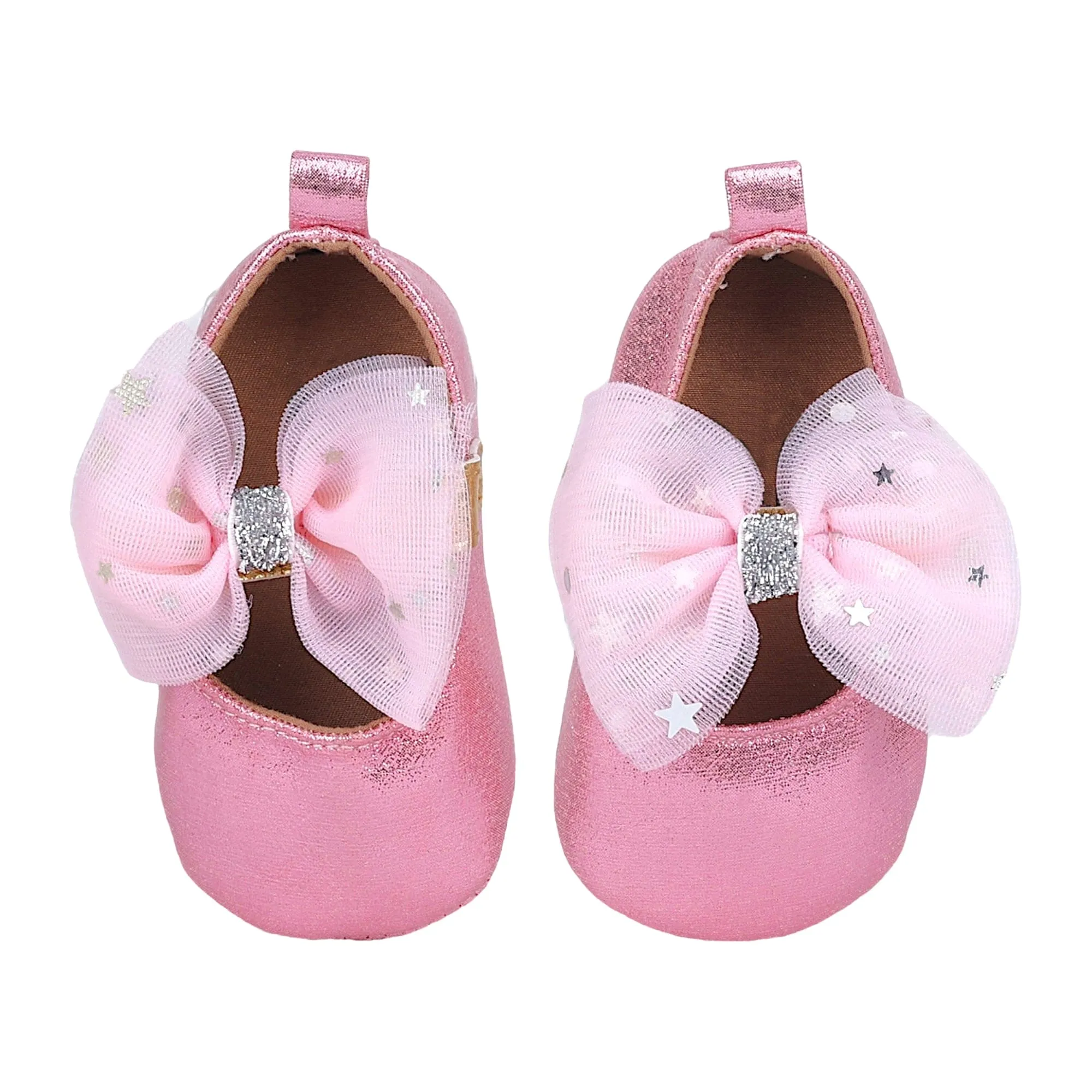 Baby Moo Starry Bow Partywear Anti-Skid Ballerina Booties - Pink