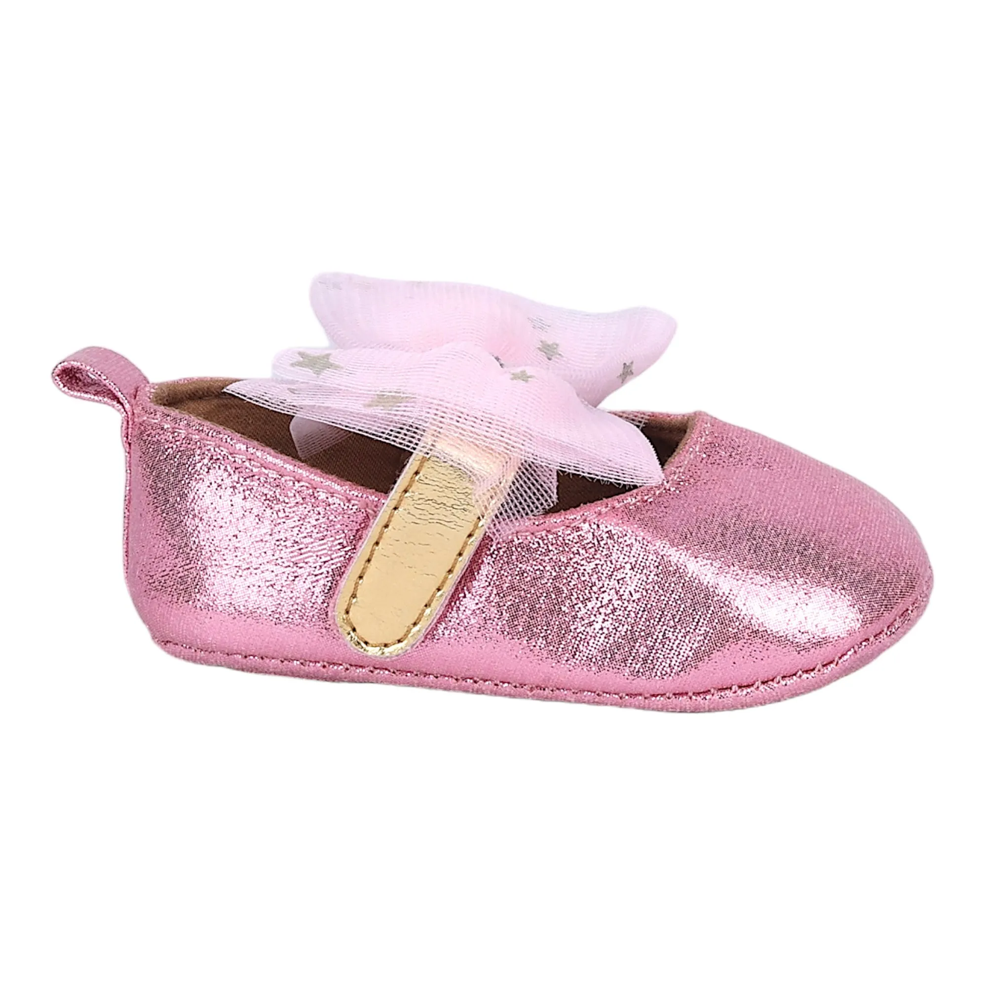 Baby Moo Starry Bow Partywear Anti-Skid Ballerina Booties - Pink