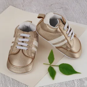 Baby Moo Striped Metallic Gold Lace Up Sneakers Booties