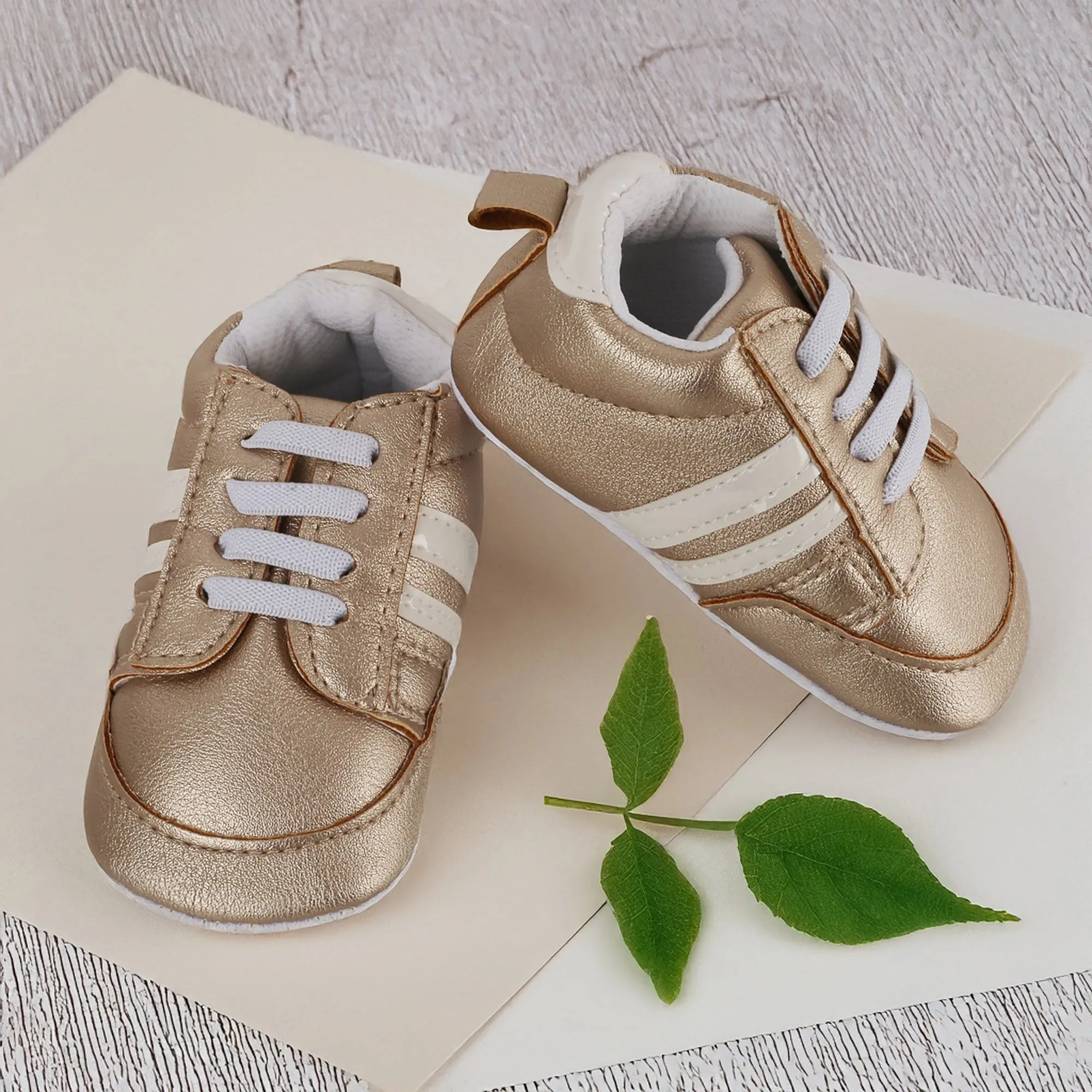 Baby Moo Striped Metallic Gold Lace Up Sneakers Booties