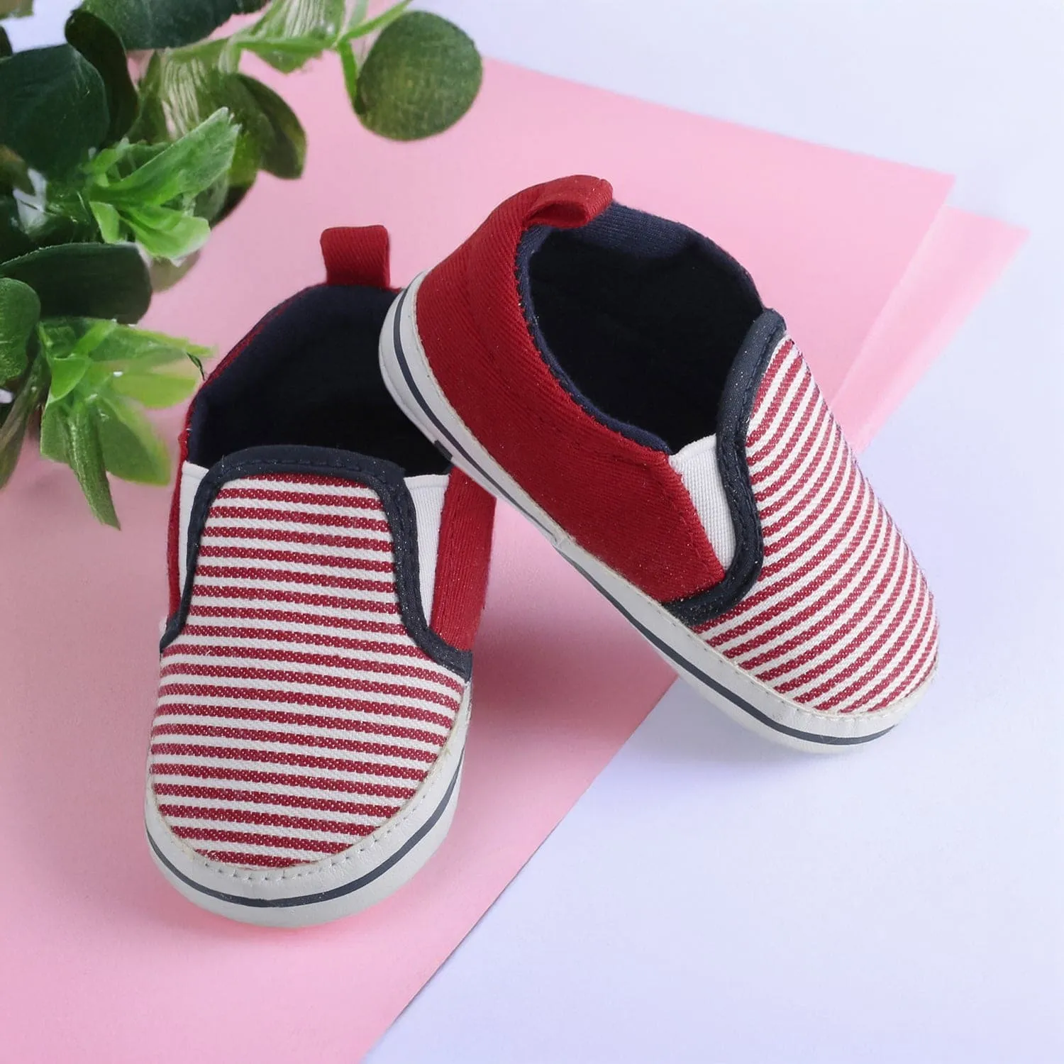 Baby Moo Striped Red Slip-On Booties